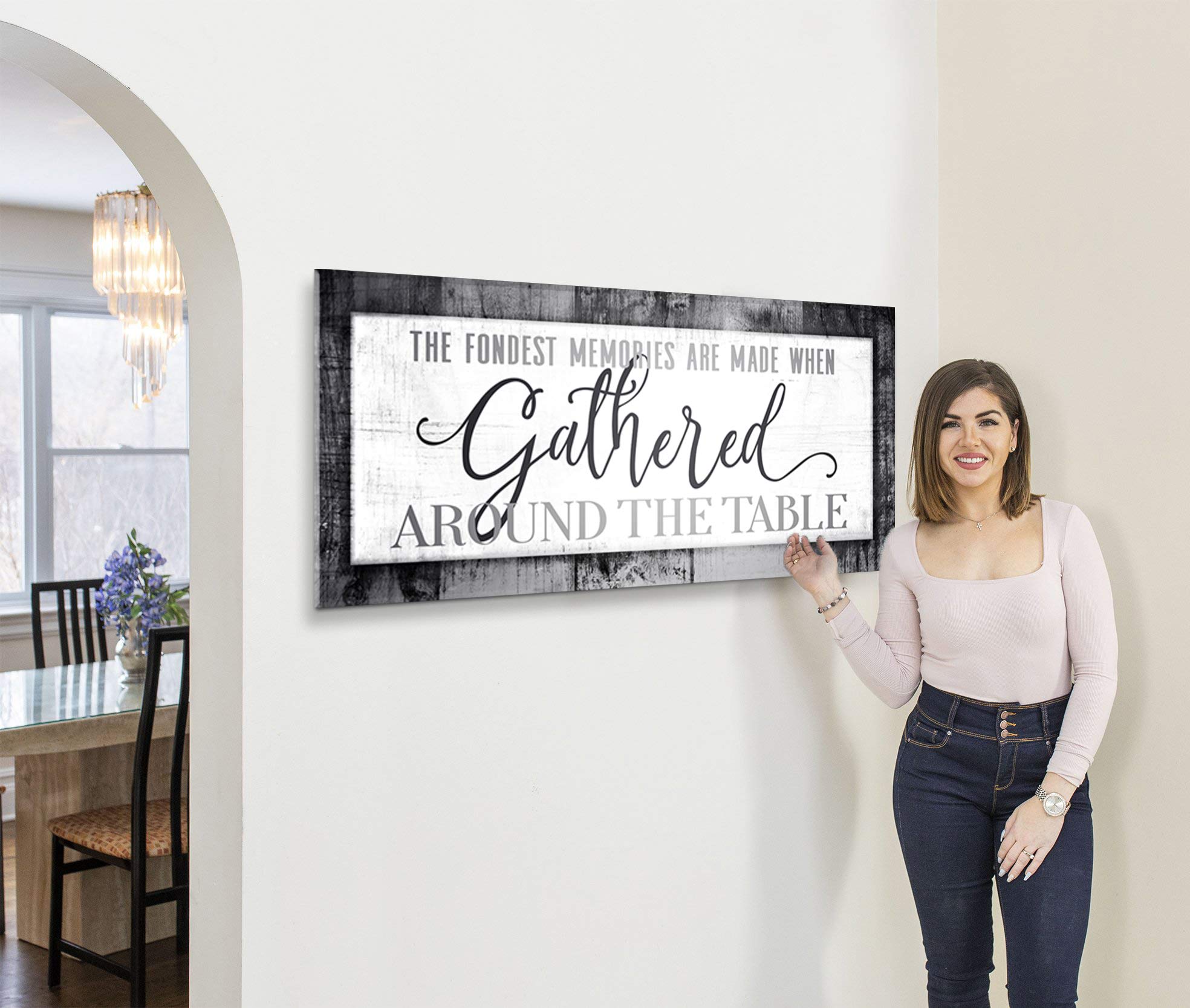 Framed Kitchen Wall Art Sign - 'The Fondest Memories' Grey Dining Room Decor (60x27 Inches) - Perfect for Farmhouse, Rustic & Modern Home Decor