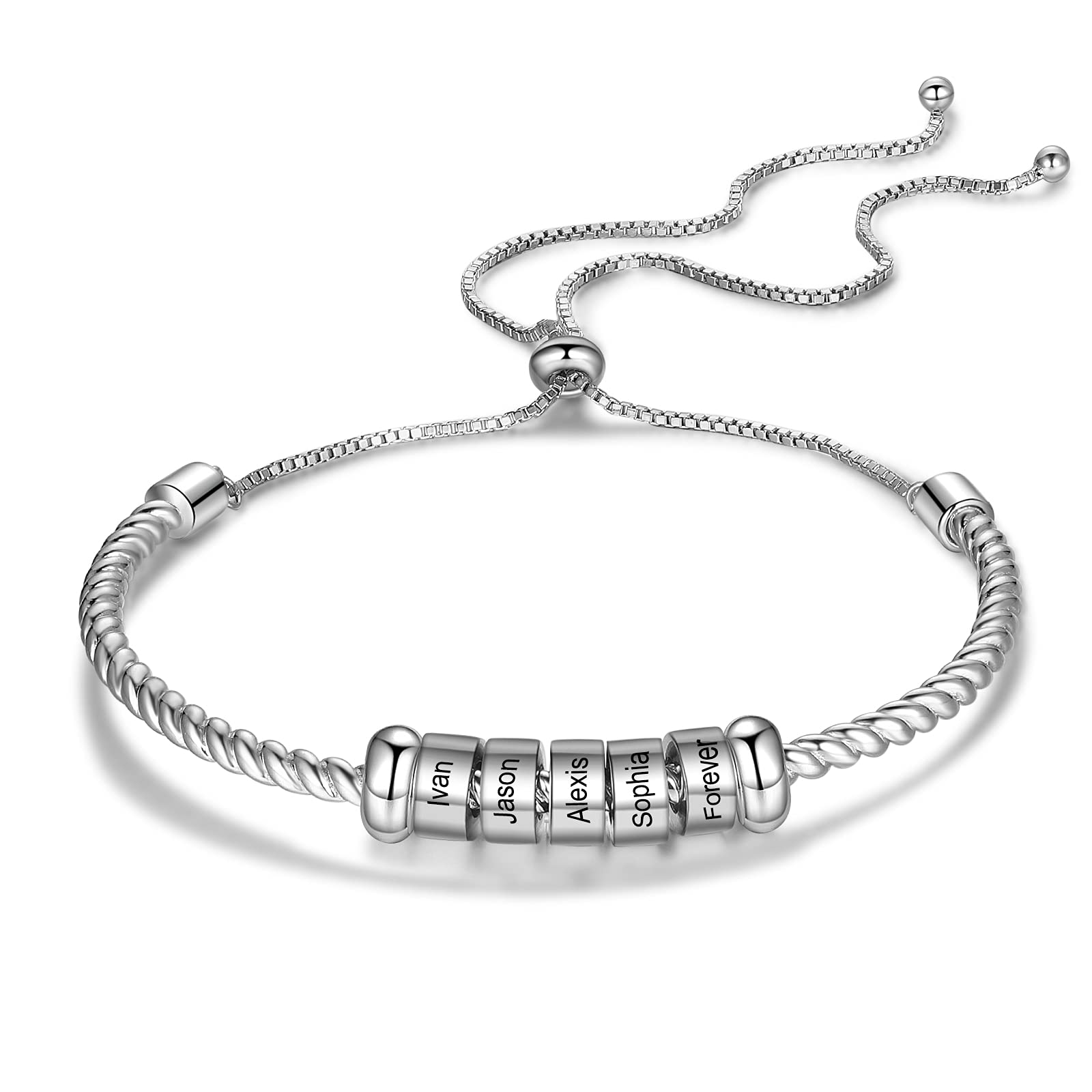 Personalized Name Beads Bracelet for Women - Custom Engraved BFF Sister Friendship Bracelet with 1-6 Names - Adjustable Twist Bangle for Girls, Teens & Mothers - Perfect Gift for Birthdays, Anniversaries & Mother's Day