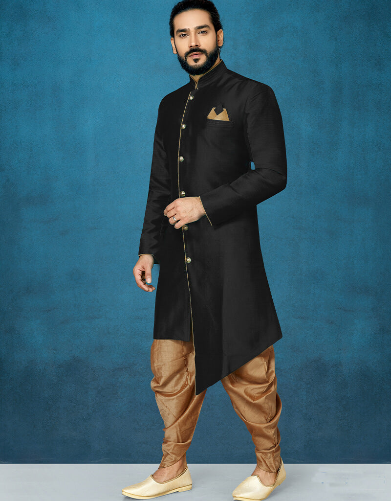 Black Kurta Dhupion Art Silk Dhoti for Men - Traditional Indian Ethnic Wear for Festivals & Weddings