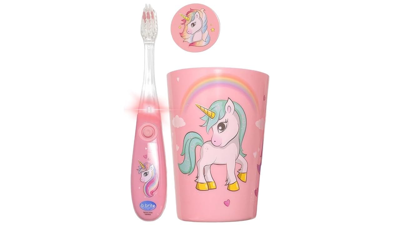 Lily's Home Kids Electric Toothbrush with 2-Minute Flashing Timer, Toothpaste Cup, Cover & Holder - Unicorn Design for Fun Brushing - Perfect for Toddlers & Children's Daily Oral Care Routine
