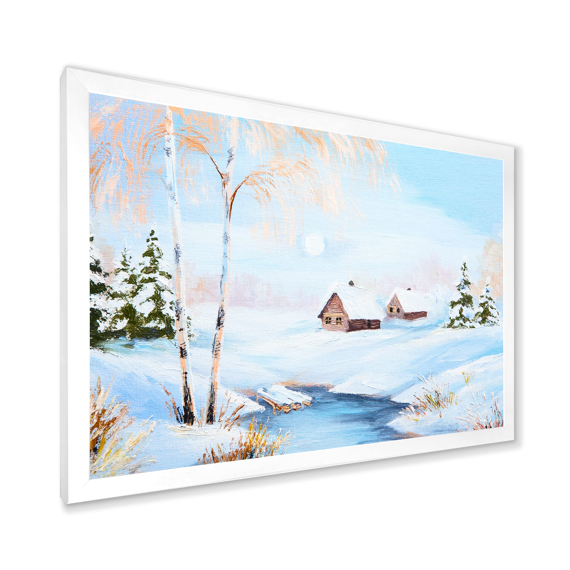 DesignQ Winter Landscape Frozen River In The Forest Lake House Framed Wall Art - Nature Scenery Canvas Painting for Living Room, Bedroom & Office Decor