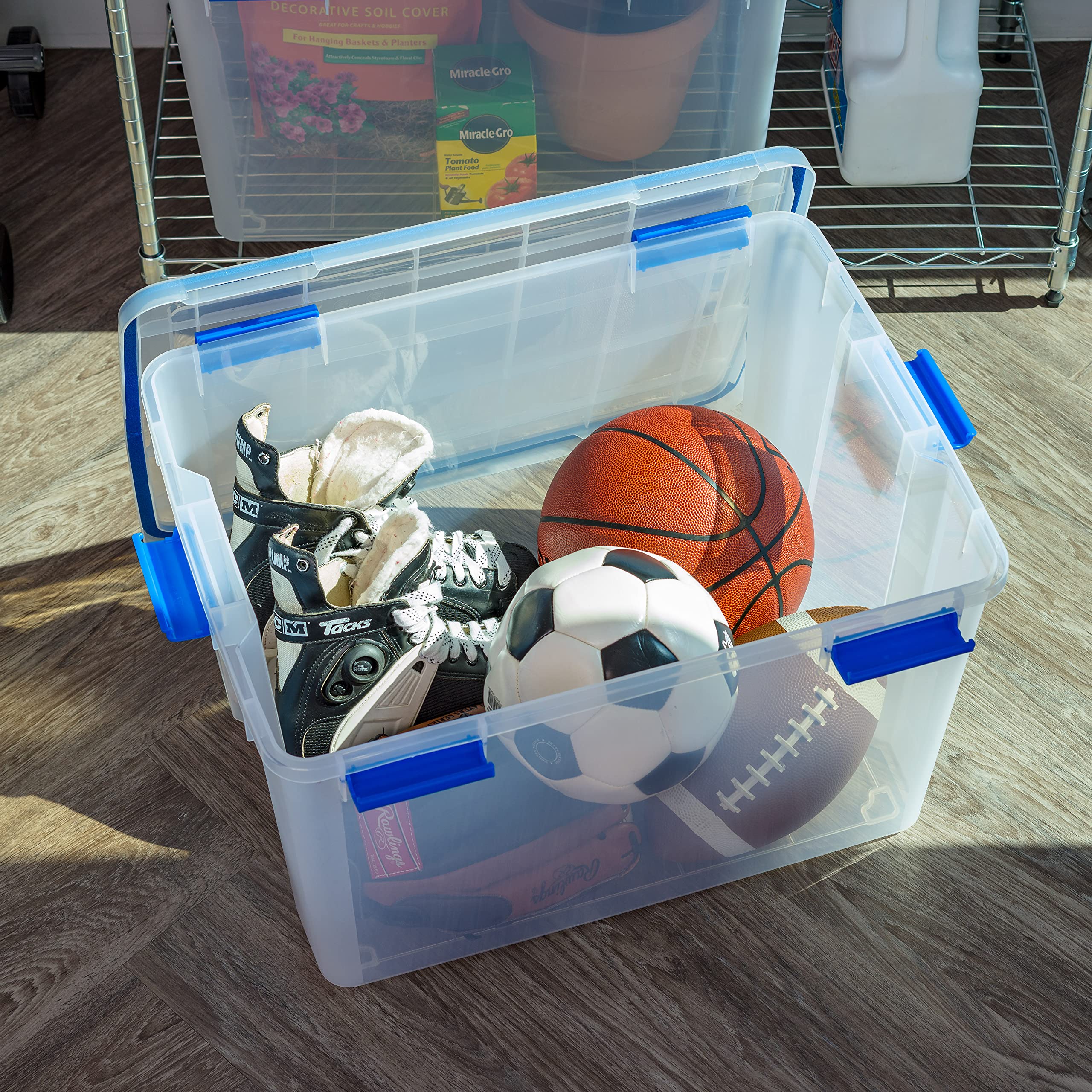 IRIS USA WeatherPro 74 Qt Storage Bins with Lids, 3-Pack BPA-Free Plastic Gasket Box - Airtight Latch & Seal, Stackable & Nestable Tote Tubs for Home Organization (Clear/Blue) - Perfect for Pantry, Garage, Closet & Seasonal Storage