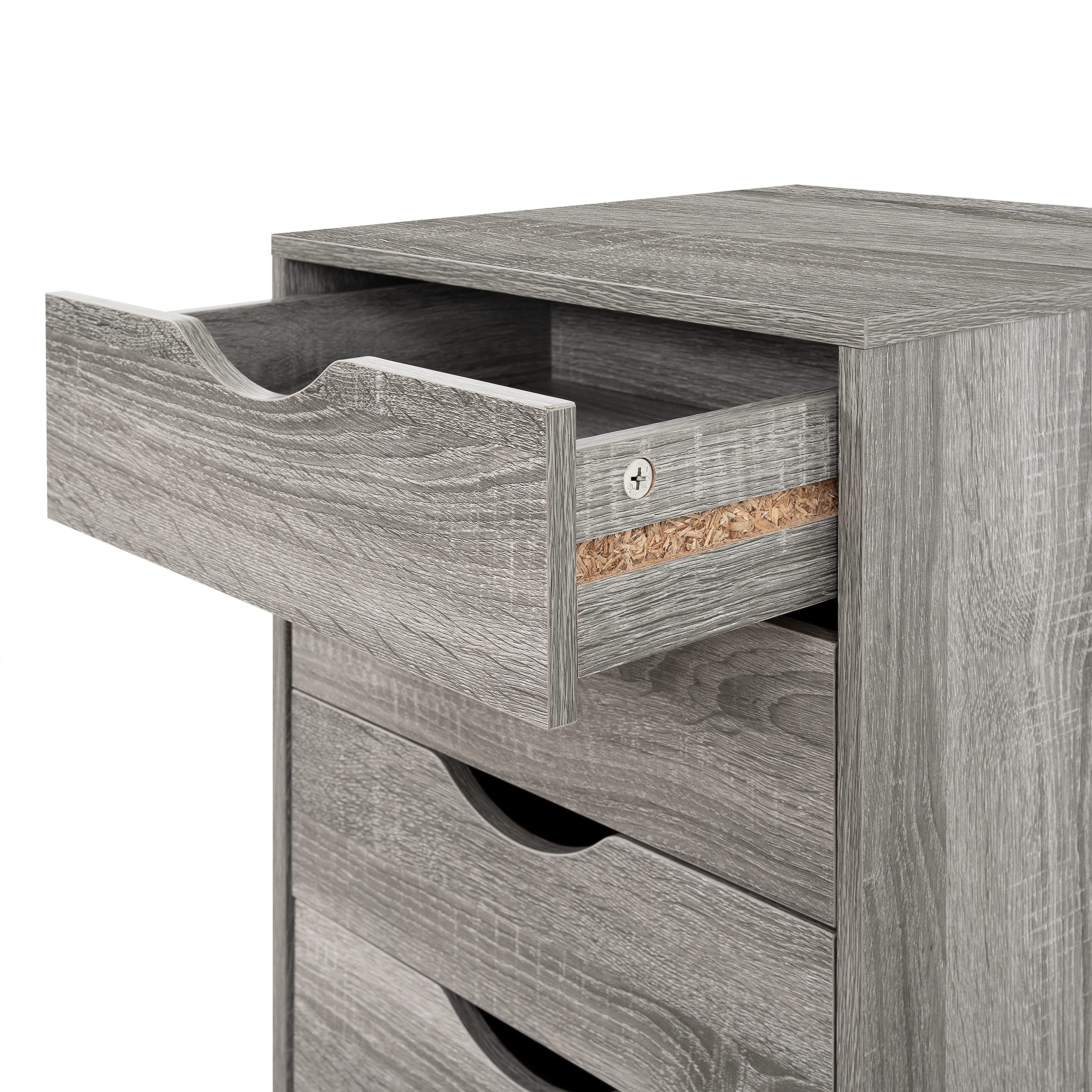 Naomi Home 5-Drawer Dresser for Bedroom - Modern Tall Chest with Wheels, Storage Shelves & 180 lbs Capacity - Gray Oak - Perfect for Closet Organization, Makeup Vanity & Small Space Storage