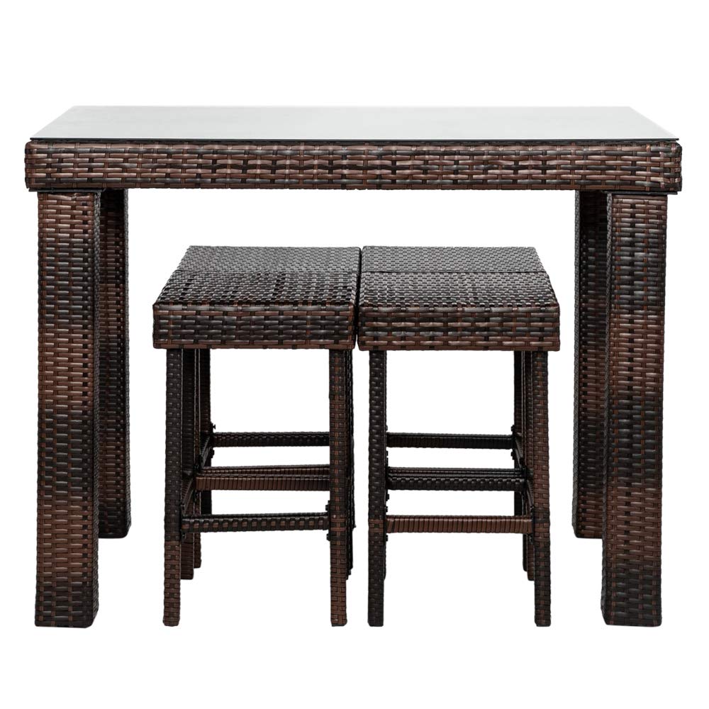 5PCS Rattan Wicker Bar Stool Set - Brown Gradient Patio Dining Furniture for Outdoor, Garden, Restaurant & Cafe Use