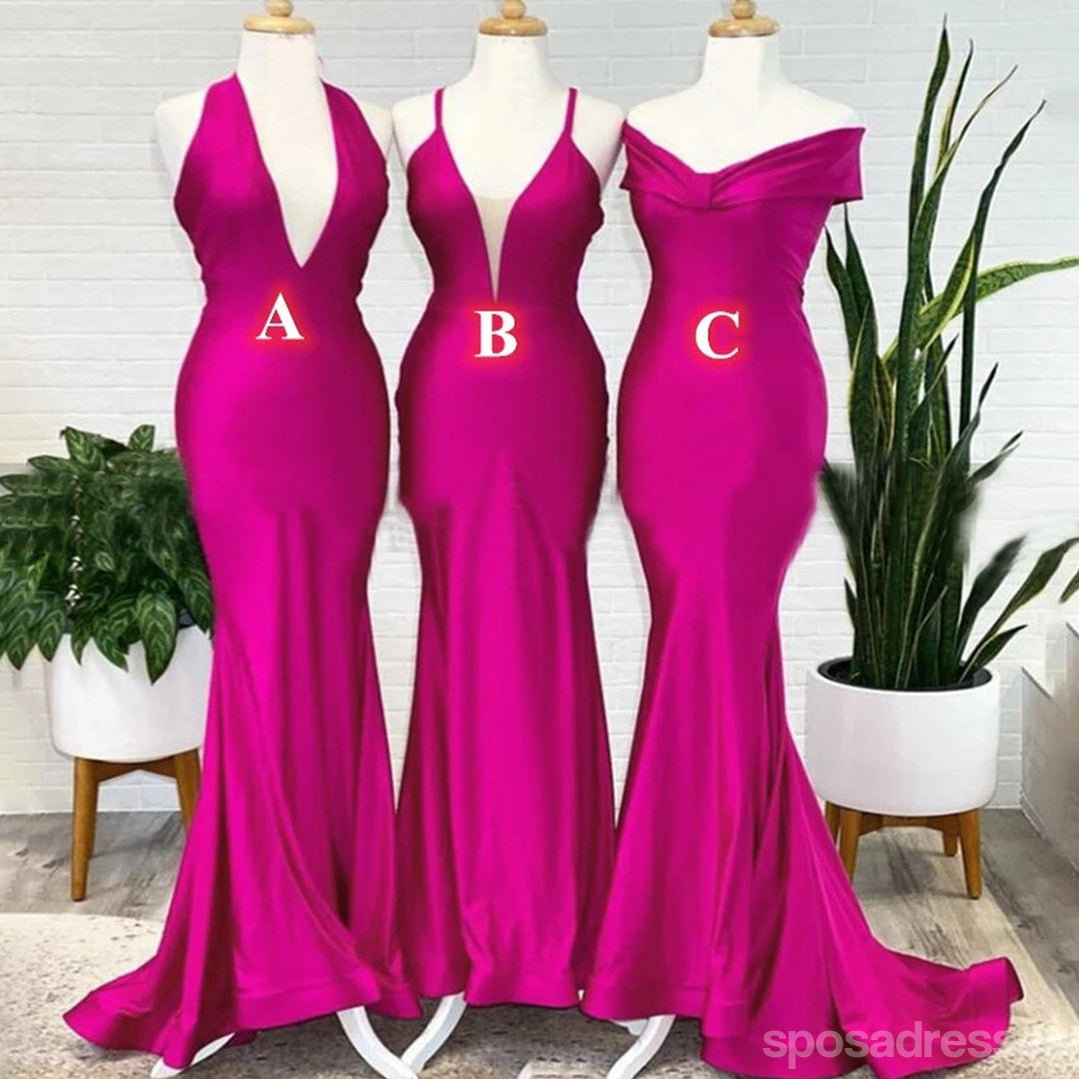 Hot Pink Mermaid Bridesmaid Dress with Mismatched Sleeveless Design - Elegant Long Formal Gown WG1115 | Perfect for Weddings, Proms, and Special Occasions