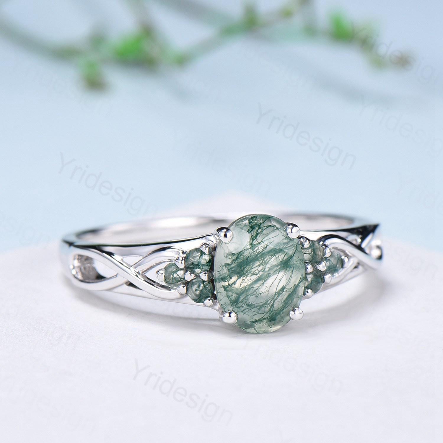 Celtic Knot Oval Natural Moss Agate Engagement Ring - 14K/18K White Gold Infinity Wedding Band - Unique Cluster Anniversary Gift for Her - Perfect for Proposals, Weddings & Romantic Occasions