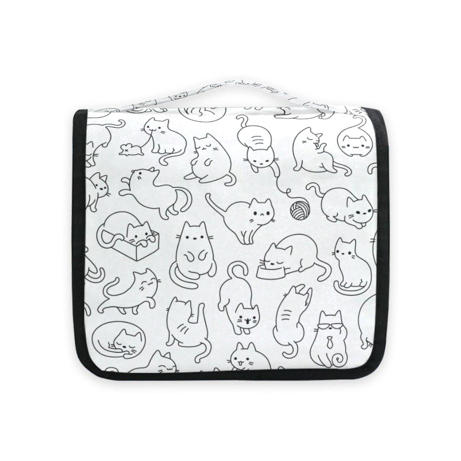 Moyyo White Cartoon Cats Hanging Travel Toiletry Bag - Waterproof Cosmetic Makeup Organizer for Women & Men - Portable Wash Bag for Gym, Camping, Business Trips & Vacation - Perfect Toiletry Organizer for Kids & Adults