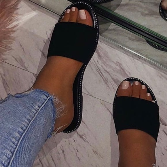 Blair Rhinestone Trim Slides for Women - Black Glitter Sandals for Summer, Beach, and Casual Outfits