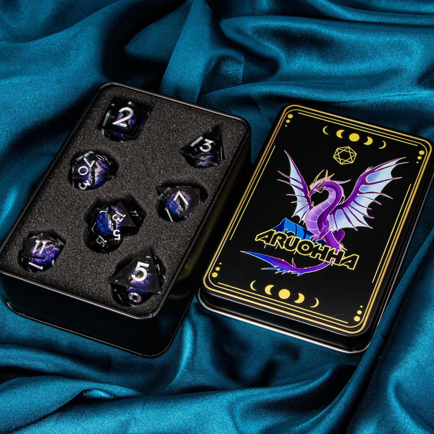 ARUOHHA DND Resin Dice Set - Dragon Eye Liquid Core Purple Sharp Edged Polyhedral Dice for Dungeons & Dragons RPG (D20, D12, D10, D8, D6, D4) with Gift Box | Perfect for Tabletop Gaming, D&D Campaigns & Collectors