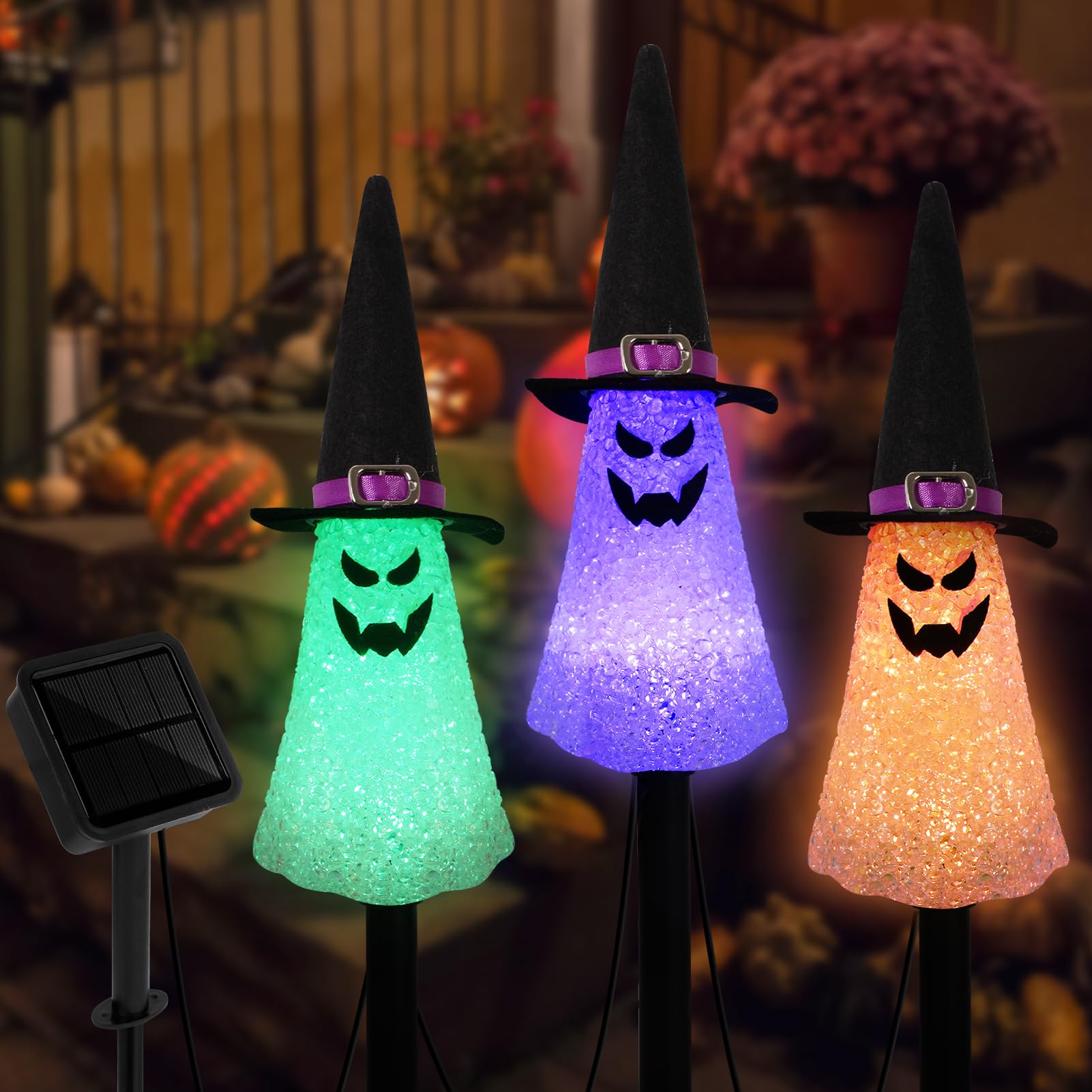 LIGHTSHINE 3-Pack Solar-Powered Halloween Ghost Decorations - Orange, Purple & Green Outdoor Pathway Lights for Yard, Garden, Patio & Porch | Spooky Landscape Lighting for Halloween Parties & Trick-or-Treat Decor