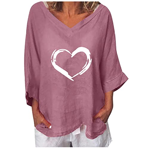 Women's Cotton Linen V-Neck Printed Long Sleeve Loose T-Shirt - Casual Blouse & Pullover Top - Plus Size Tees for Everyday Wear, Office & Weekend Outings