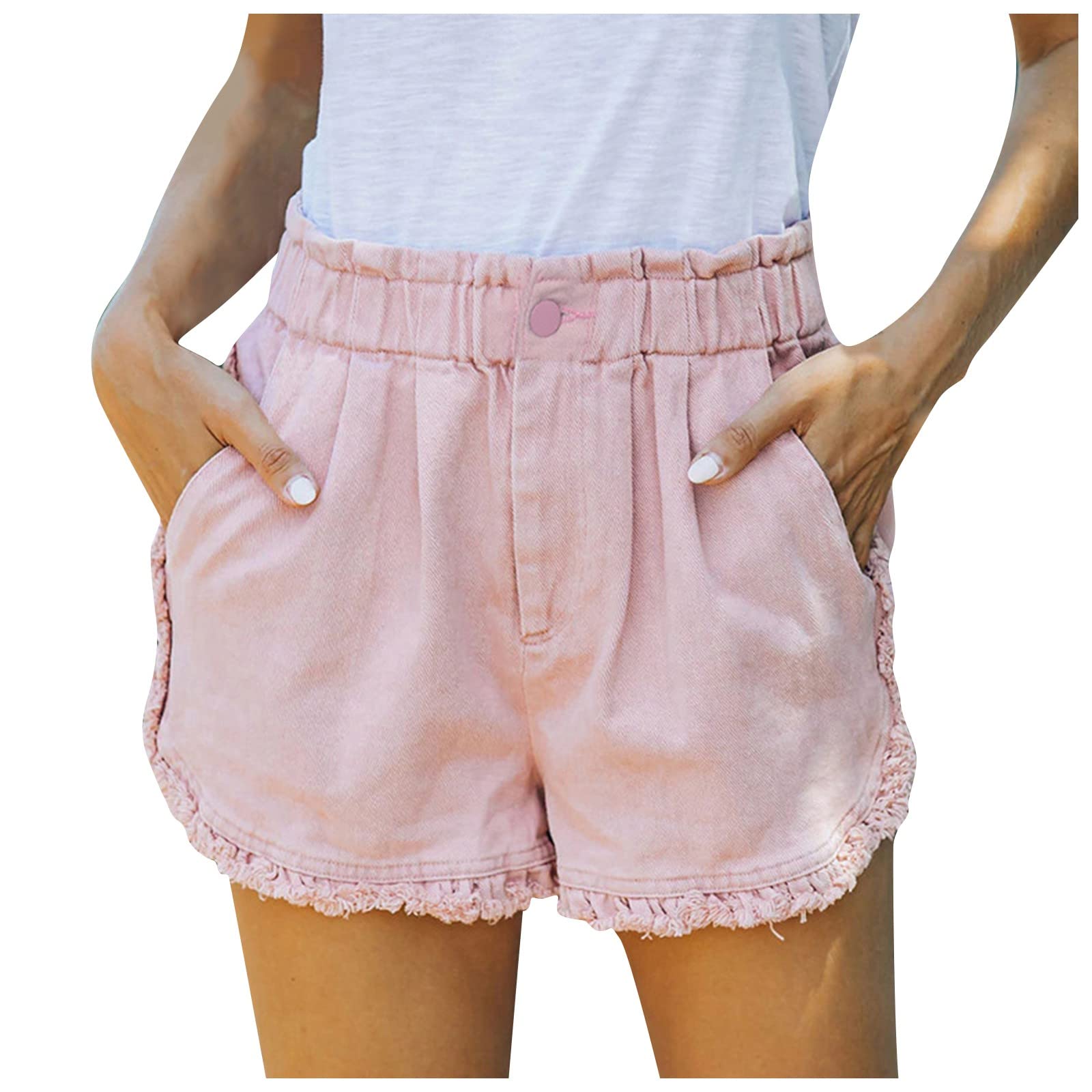 Women's Stretchy Elastic Waist Denim Shorts with Ruffles & Side Slits - Casual Summer Cutoff Shorts for Beach, Vacation & Everyday Wear