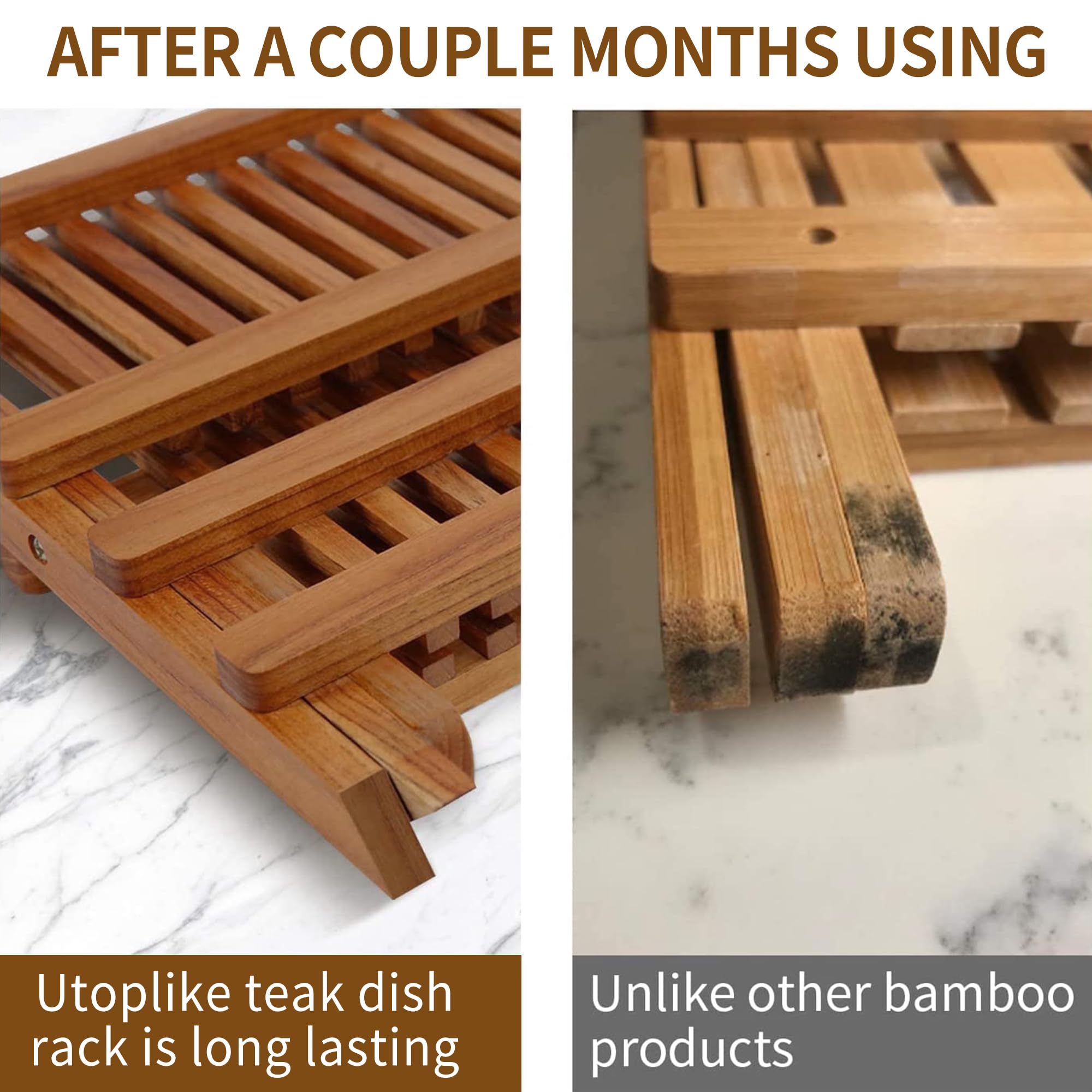 Utoplike Teak Dish Drainer Rack - 2 Tier Collapsible & Foldable Dish Drying Rack, Compact Plate Organizer Holder for Kitchen - Perfect for Small Spaces, Countertop Storage & Dish Drying