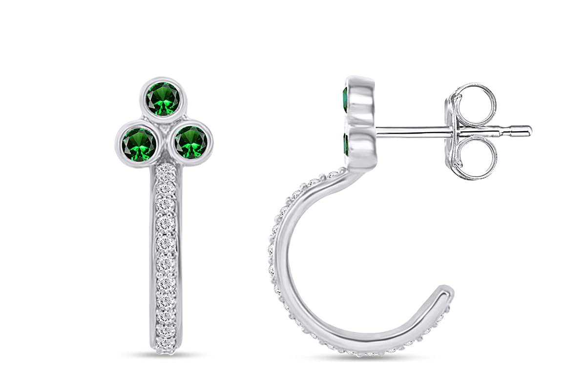1/4 Carat White Natural Diamond & Simulated Birthstone J-Hoop Earrings in 14K White Gold Over Sterling Silver - Women's Jewelry Gift (I2-I3 Clarity, I-J Color) - Perfect for Birthdays, Anniversaries, and Special Occasions