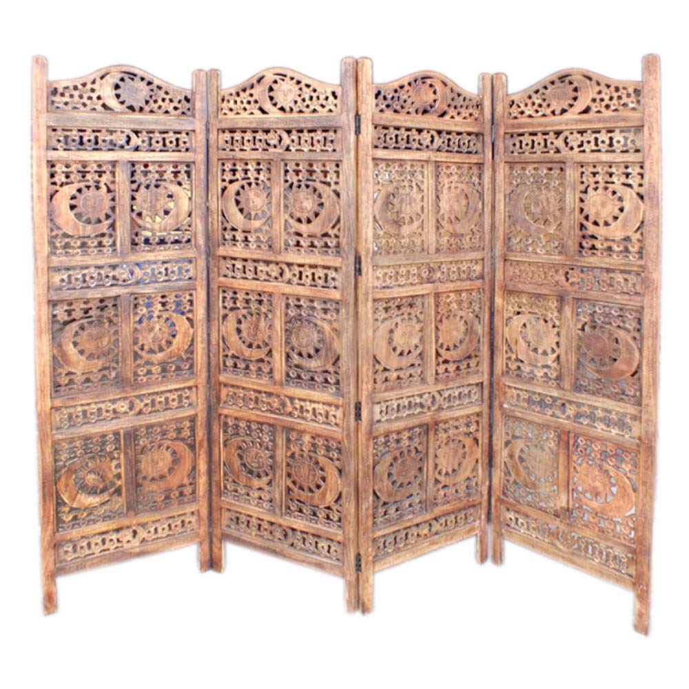 Handcrafted Wooden Sun & Moon Carved Room Divider - Elegant Privacy Screen for Living Room, Bedroom & Office Decor
