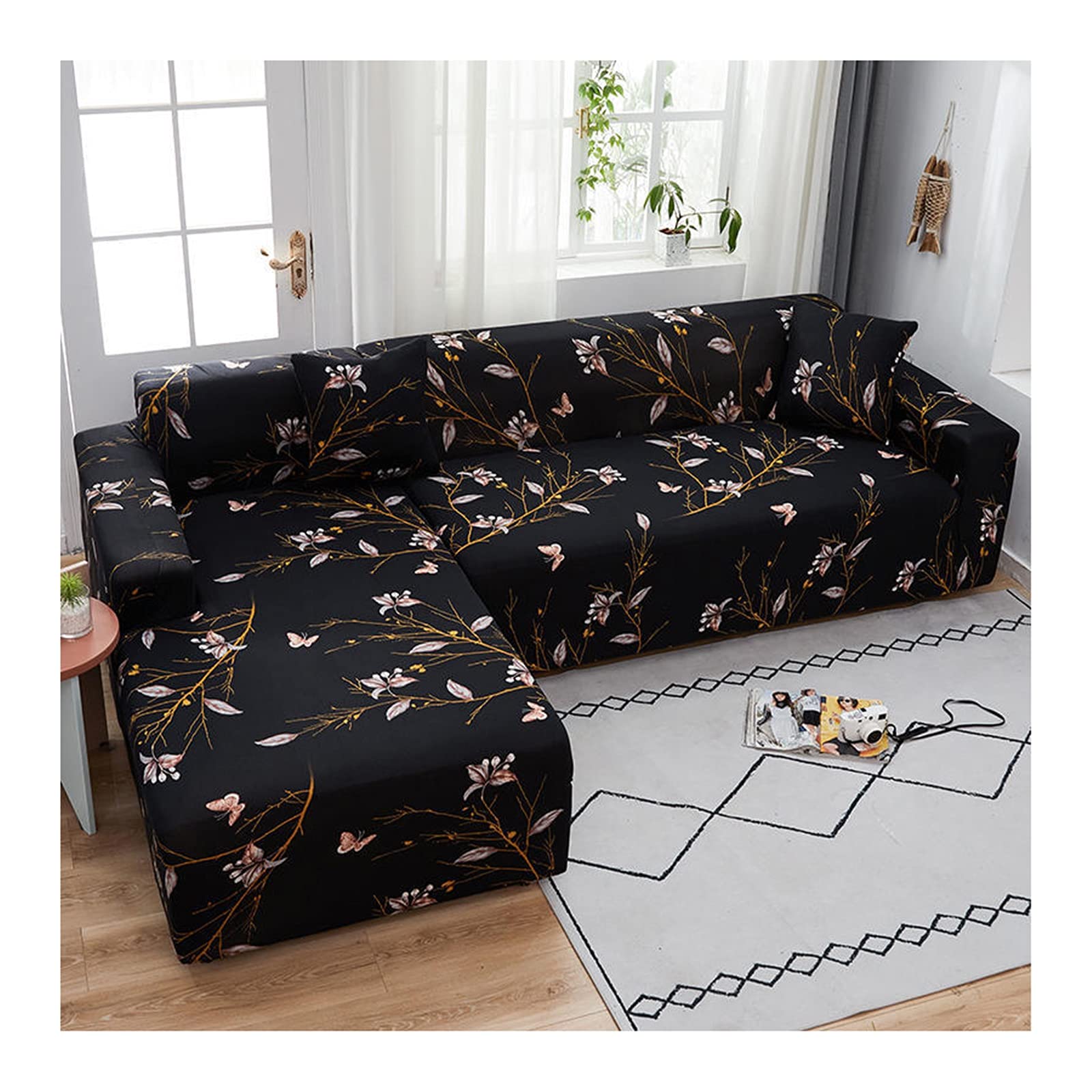 Daesar Stretch Sofa Cover Set - 2 Seater Couch & Loveseat Slipcover with Butterfly Floral Pattern, Black & Yellow Polyester Fabric - Perfect for Living Room Furniture Protection & Home Decor Upgrade
