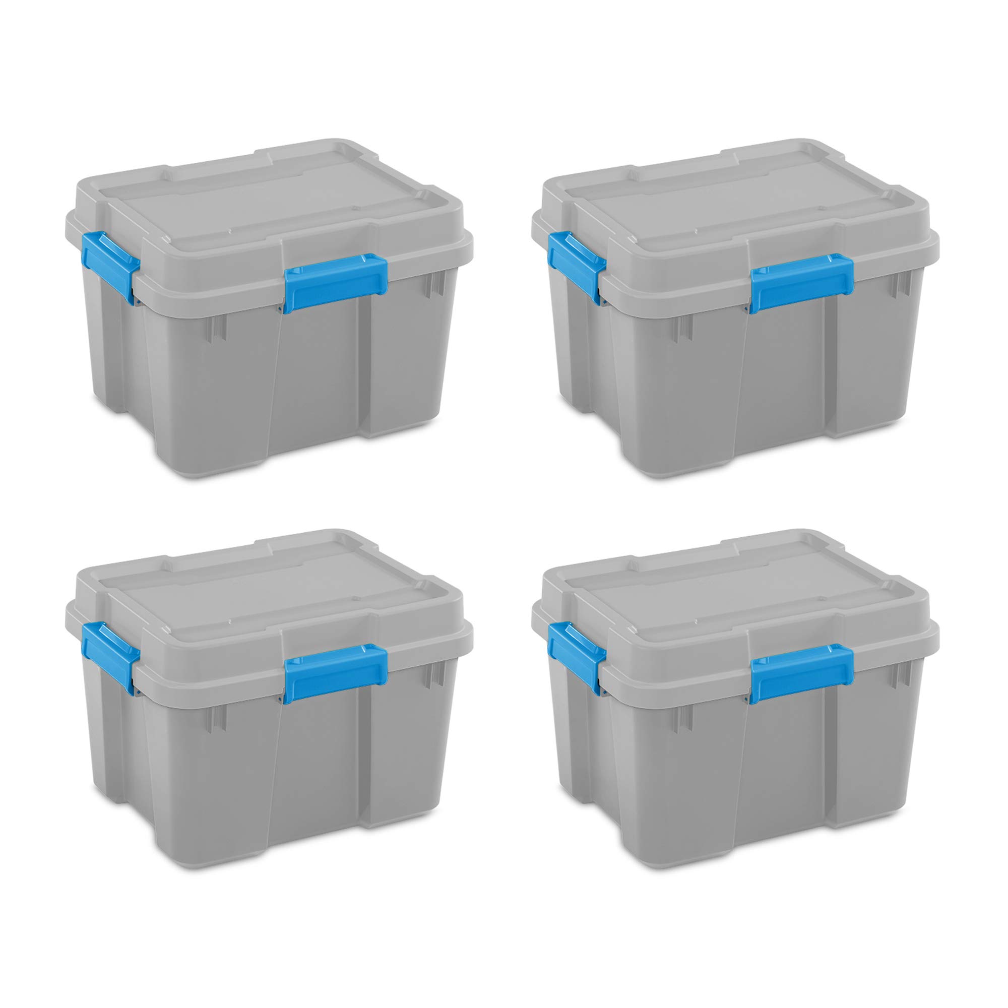 Sterilite 20 Gallon Heavy Duty Stackable Storage Bins with Secure Latching Lids - 4 Pack Gray/Blue Plastic Tote Containers for Home Organization, Garage, Closet & Office Storage