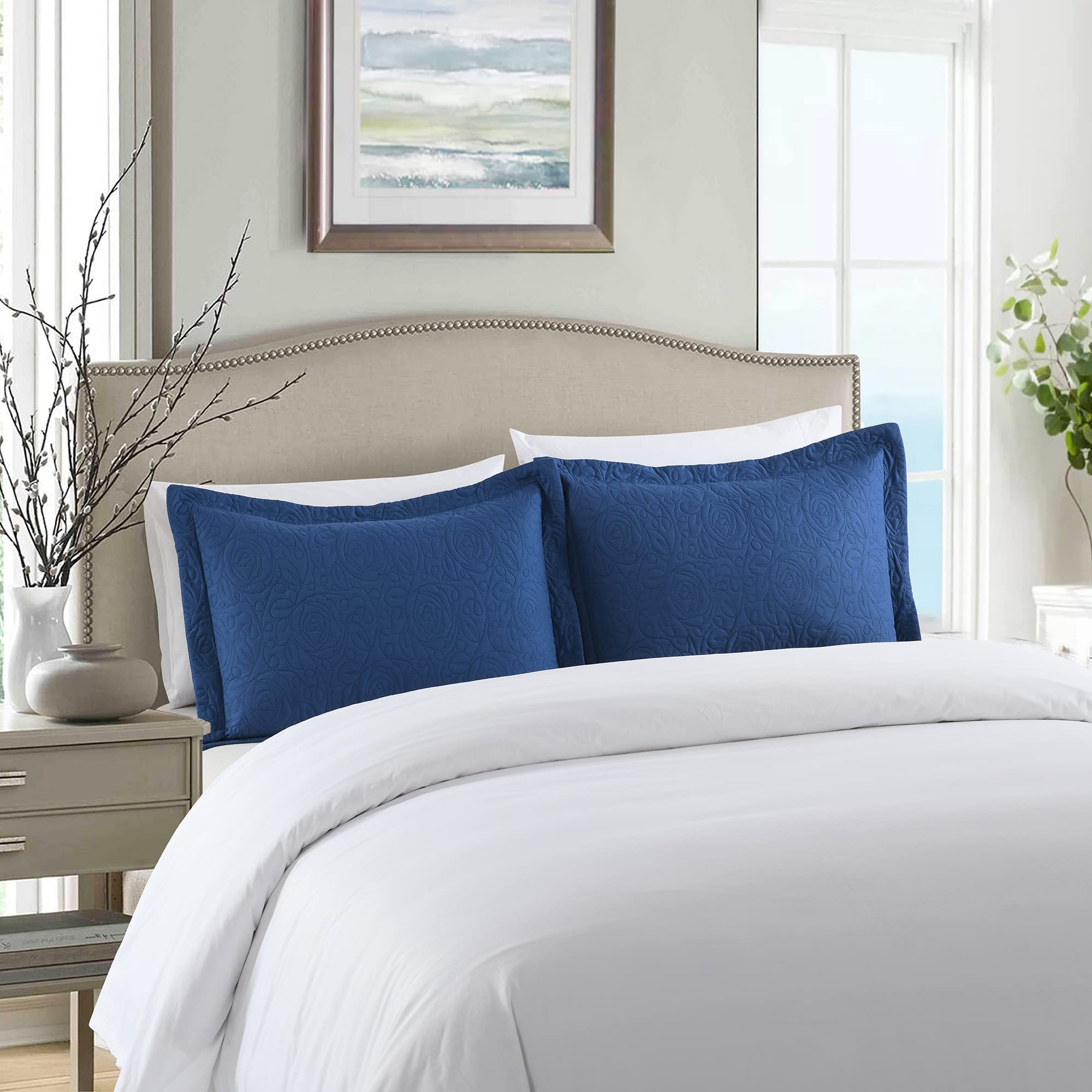 MarCielo Embroidered Pillow Covers Queen Set - Navy Blue for Bedroom Decor