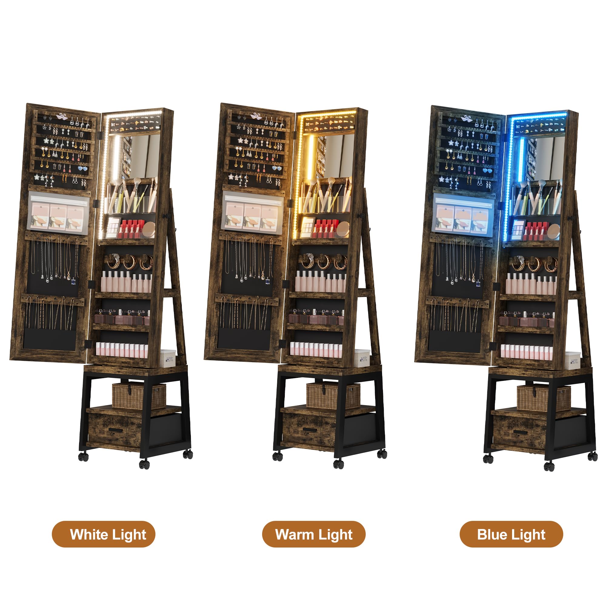 GARVEE 360° Swivel Jewelry Cabinet with LED Lights & Makeup Mirror - Rotatable Full Length Mirror with Jewelry Storage - Lockable Standing Jewelry Armoire Organizer with Drawers & Wheels (Brown) - Perfect for Bedroom, Dressing Room & Closet Organization