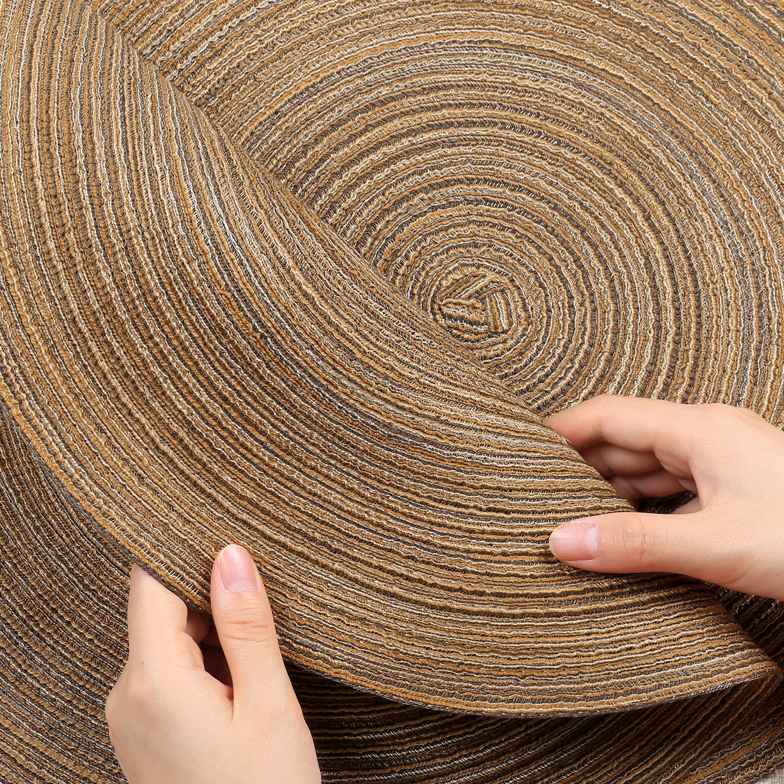 Natural Woven Round Braided Placemats Set of 6 - 15 Inch Heat Resistant Table Mats for Dining, Kitchen & Outdoor Use - Eco-Friendly Brown Home Decor