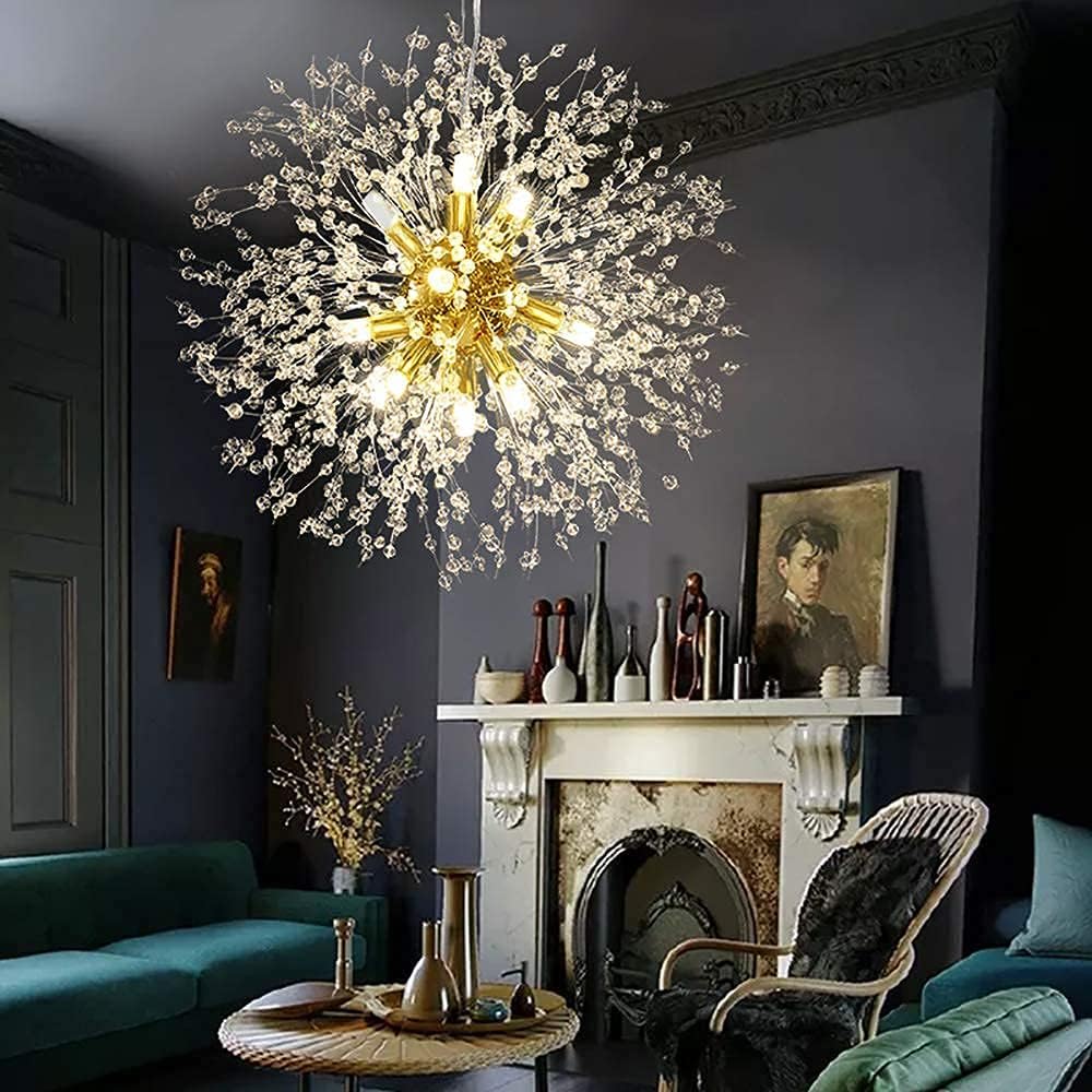 Vikaey Modern Dandelion Firework Chandelier - 12-Light Gold Crystal Pendant Lighting for Dining Room, Living Room, Bedroom, Entryway & Bathroom | Elegant Ceiling Fixture for Home Decor, Wedding & Luxury Interior Design