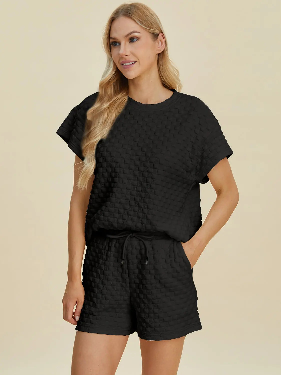 Double Take Full Size Texture T-Shirt and Shorts Set for Men - Comfortable Cotton Outfit for Casual Wear, Gym, and Lounge