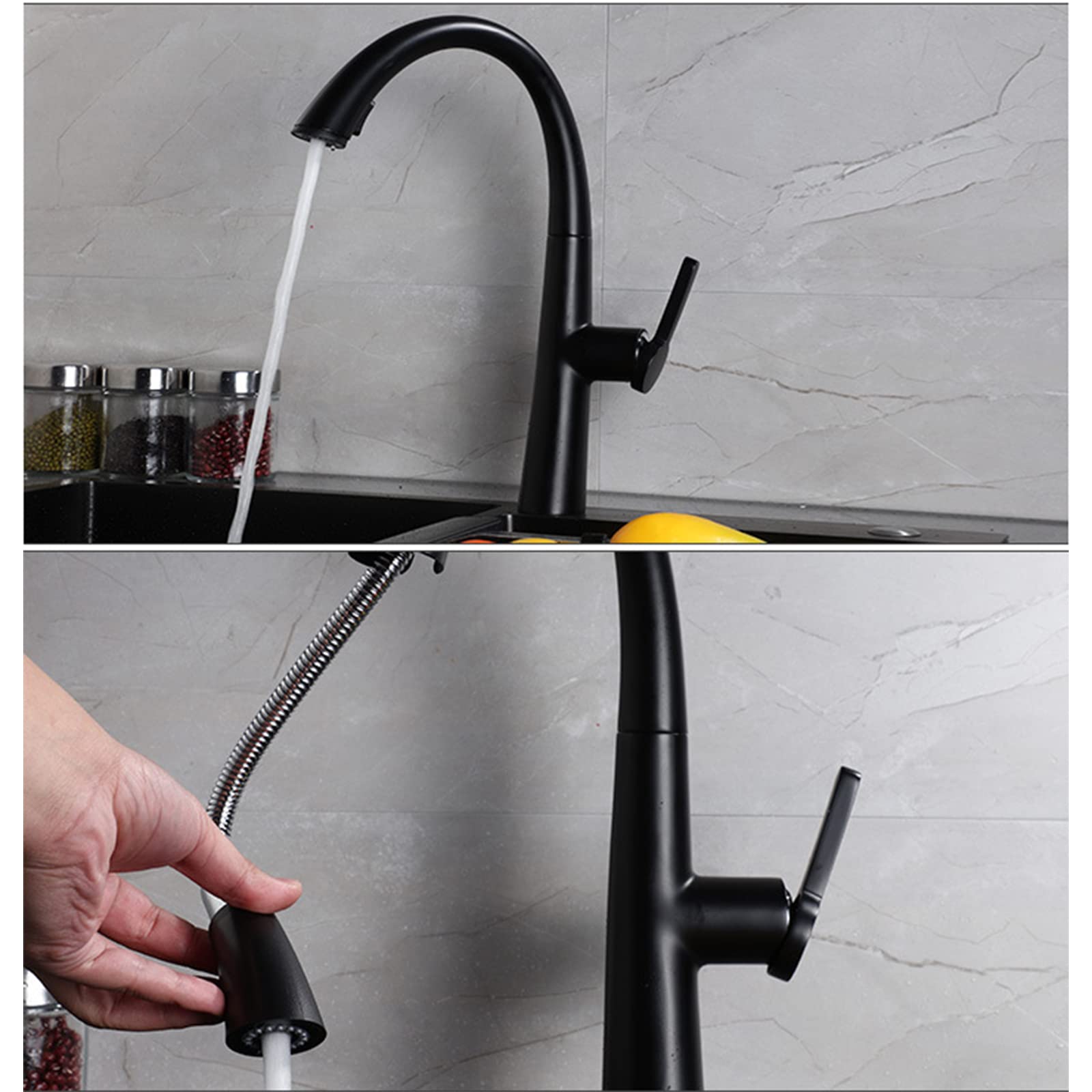 Black Pull Down Sprayer Kitchen Faucet - Modern Commercial Brass Sink Tap with Hot/Cold Water & Standard Fittings - Perfect for Restaurant, Home Kitchen & Bar Sink Installation
