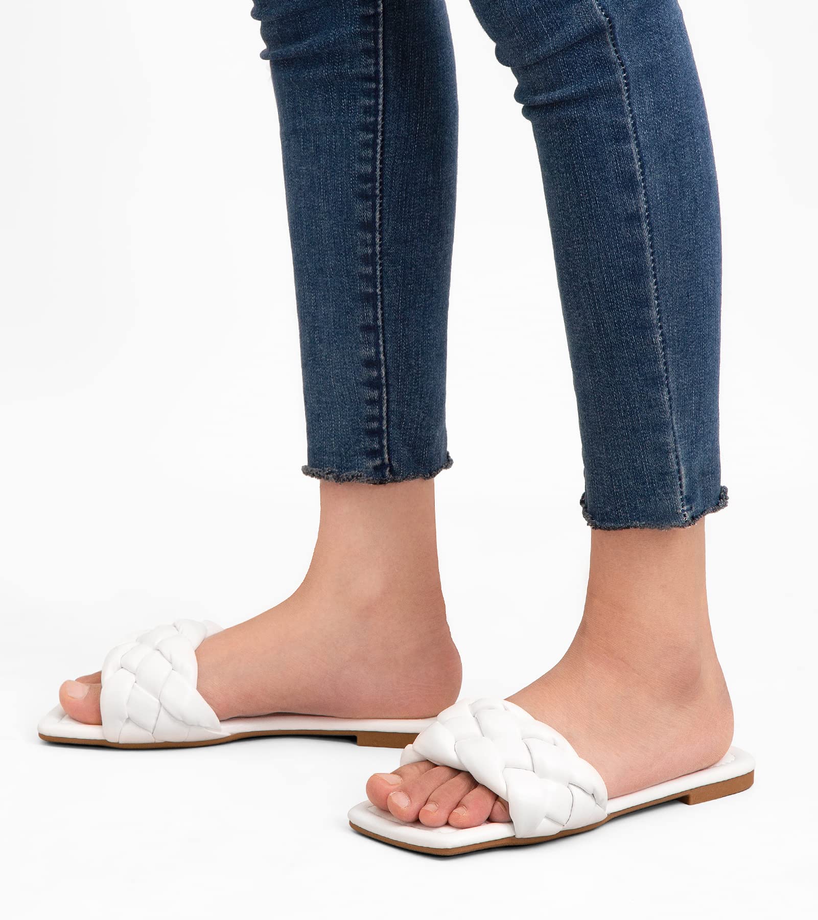 Greatonu Women's Braided Flat Sandals - Square Open Toe Slide Sandals for Summer | Casual Woven Slip-On Sandals for Beach, Vacation & Everyday Wear
