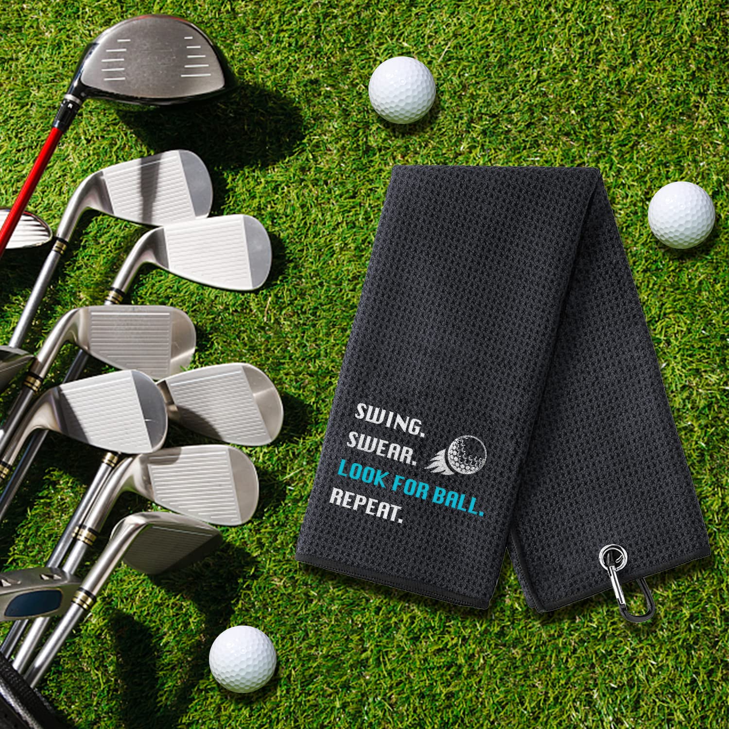 Funny Golf Towel with Clip - Embroidered Golf Accessories for Men & Women - Perfect Gift for Husband, Boyfriend or Dad - Golf Fan Must-Have - Swing Swear Repeat Design - Great for Golf Bags, Tournaments & Practice Sessions