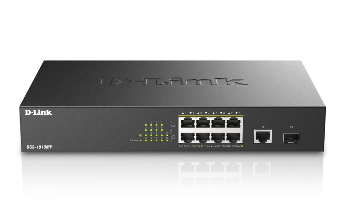D-Link 8-Port/10-Port Unmanaged PoE Switch with 1 Gigabit Ethernet Port & 1 SFP Uplink Port, 125W PoE Budget, Fanless Rackmount Plug & Play (DGS-1010MP) - Black | Ideal for Home Office, Small Business Network & IP Camera Systems