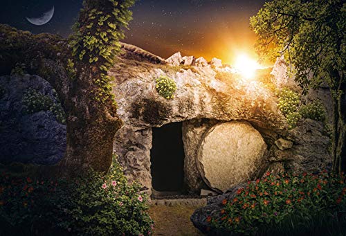 10x7ft Empty Stone Tomb Photography Backdrop - Jesus Christ Crucifixion Scene with Holy Cross & Divine Lighting - Christian Religious Photo Studio Props for Portraits, Prayers, Easter, Christmas Decor (Wallpaper Background for Kids & Adults)