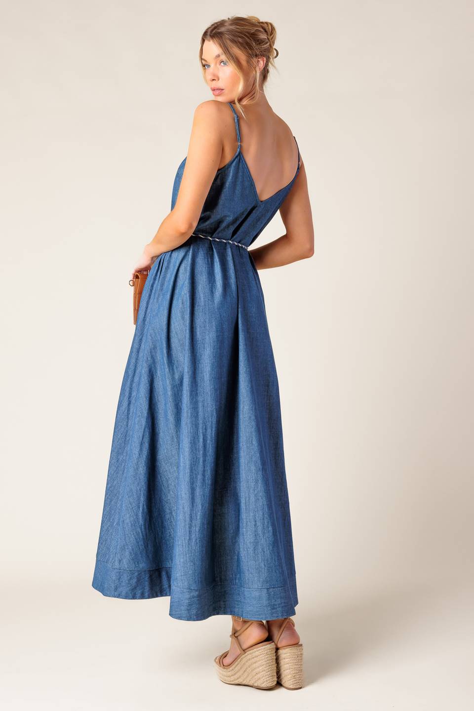 Heartfelt Moment Lace Edge Denim Midi Dress - Elegant & Comfortable Casual Wear for Women, Perfect for Brunch, Date Night & Summer Outings