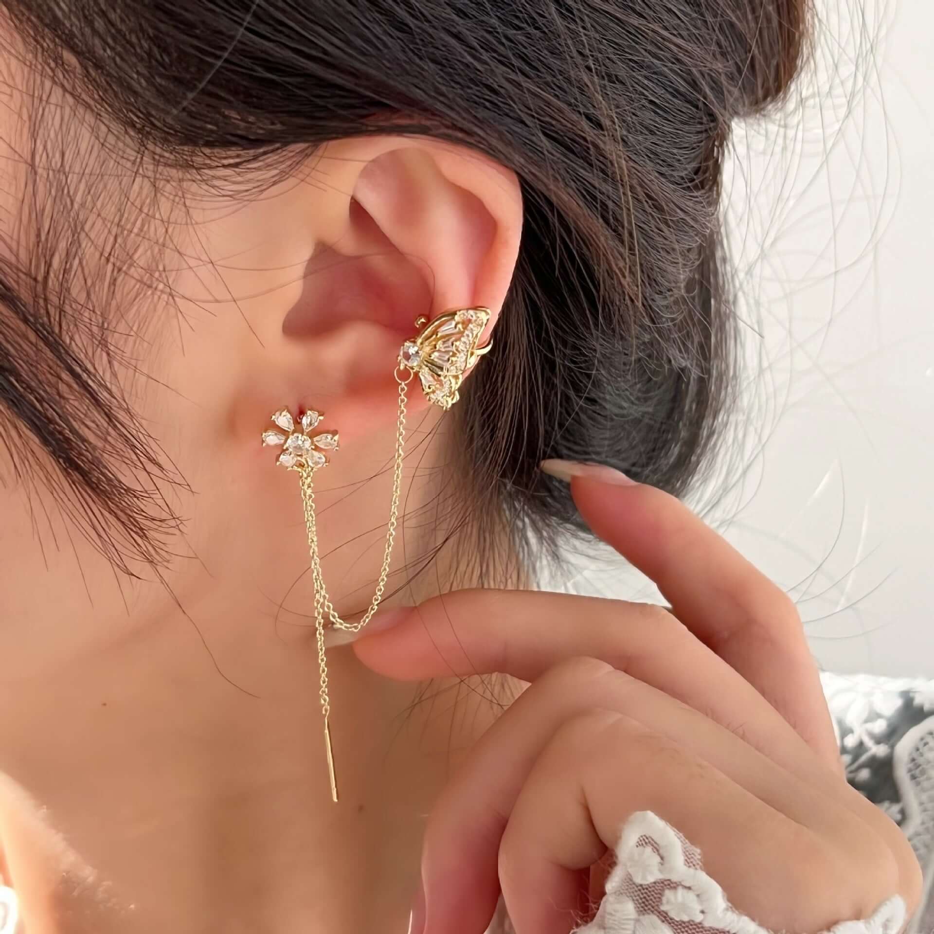 Elegant Flower Tassel Drop Earrings with Chain and Ear Cuff - Boho Chic Jewelry for Women | Perfect for Weddings, Parties & Everyday Wear | R0281