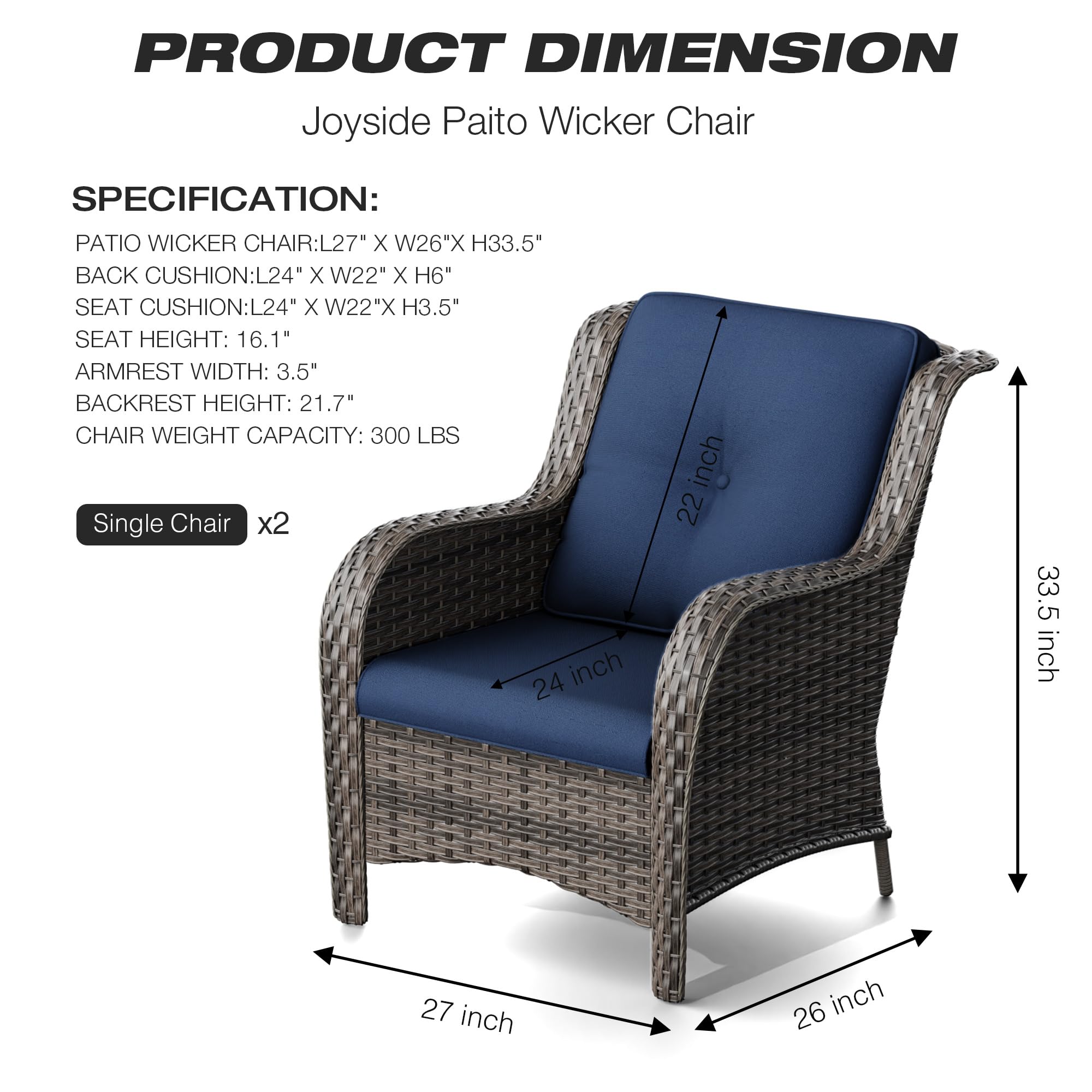 Joyside 2-Piece Outdoor Wicker Dining Chair Set - PE Rattan Patio Chairs with 4-Inch Cushions, Mixed Grey/Blue - Perfect for Garden, Backyard, Deck & Poolside Relaxation