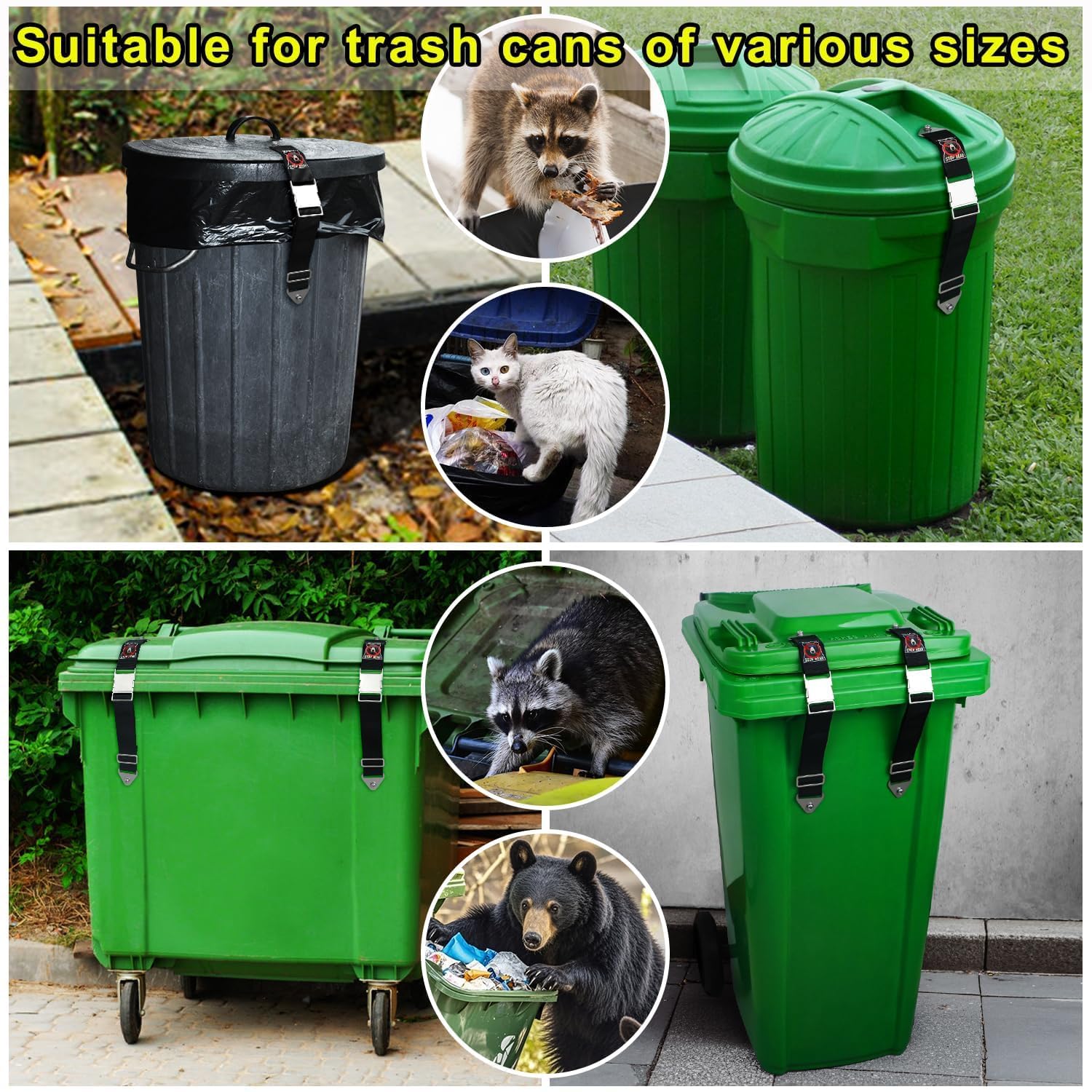 4 Pack Heavy Duty Trash Can Lid Lock - Adjustable Bear Proof Garbage Bin Lock for Outdoor Use, Raccoon & Black Bear Resistant with Upgraded Self-Tapping Screws - Fits Multiple Can Sizes - Perfect for Camping, Backyard & Wildlife Areas