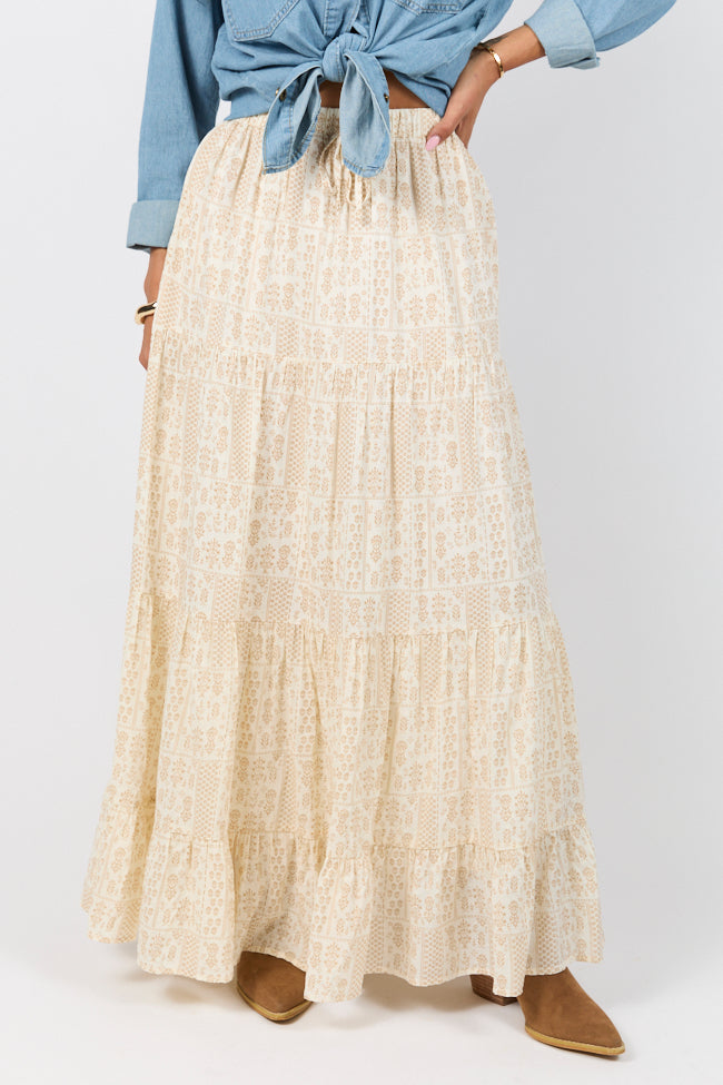 Elegant Ivory and Beige Printed Maxi Skirt for Women | Flowy Boho Beach Skirt | Perfect for Summer Vacations, Music Festivals & Casual Outings