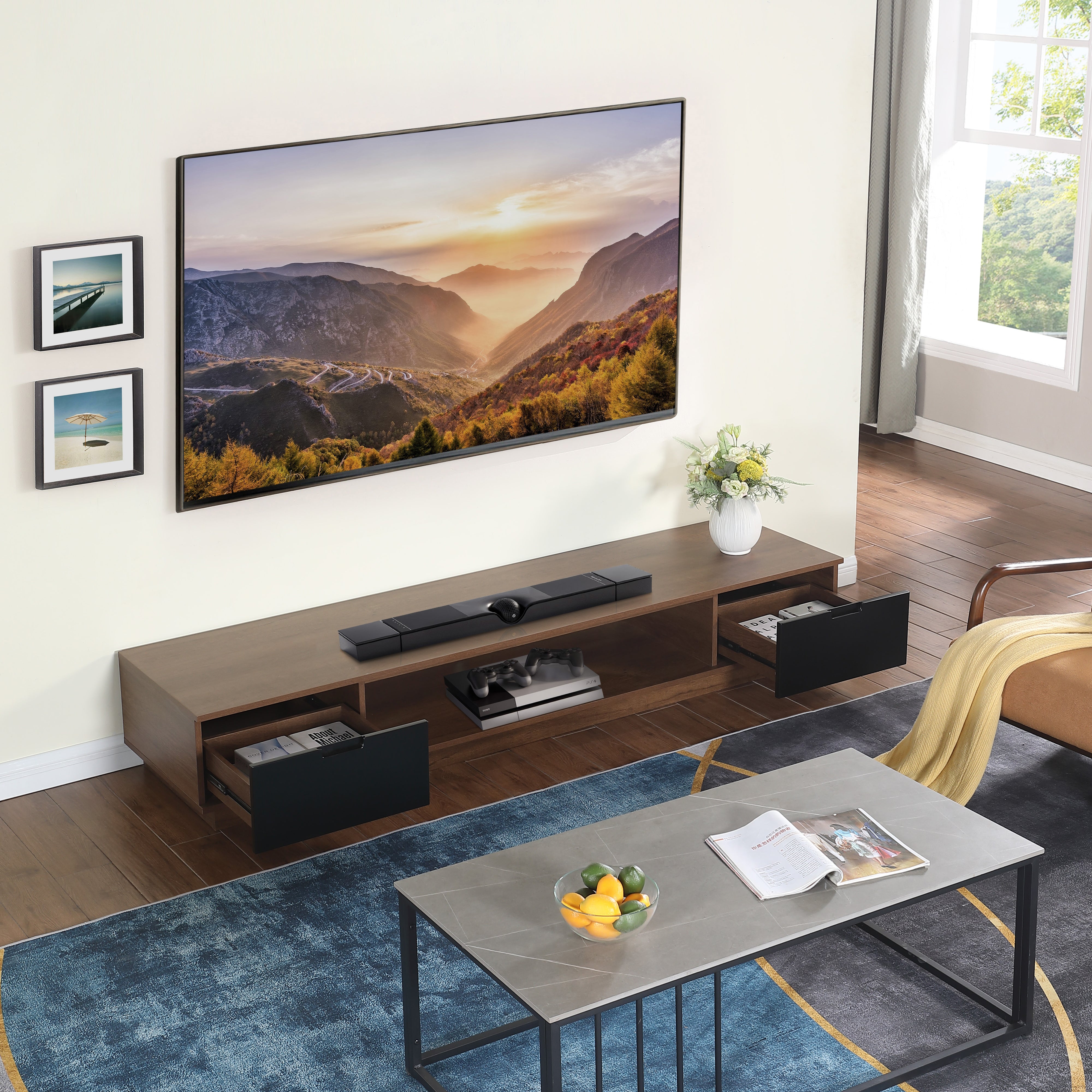 Taurs Dark Oak Rio Entertainment Center - 2200mm Low Line TV Cabinet & Media Storage Unit for Living Room, Home Theater, and Gaming Setup