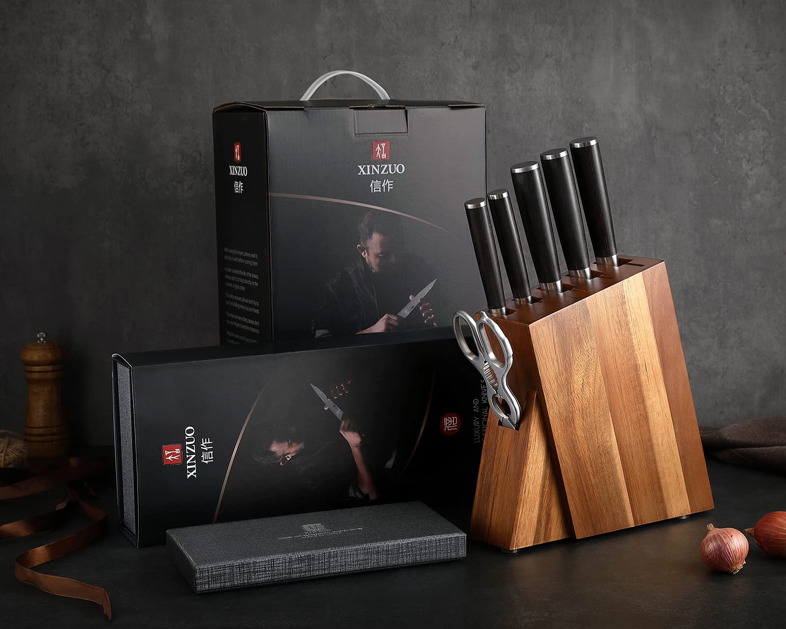 Premium 7-Piece Damascus Steel Knife Set with Wooden Block - Professional Chef Knives for Home Cooking & Culinary Gifts - Pakkawood Handle Knife Set - Perfect for Kitchen Prep, Meat Cutting & Vegetable Chopping