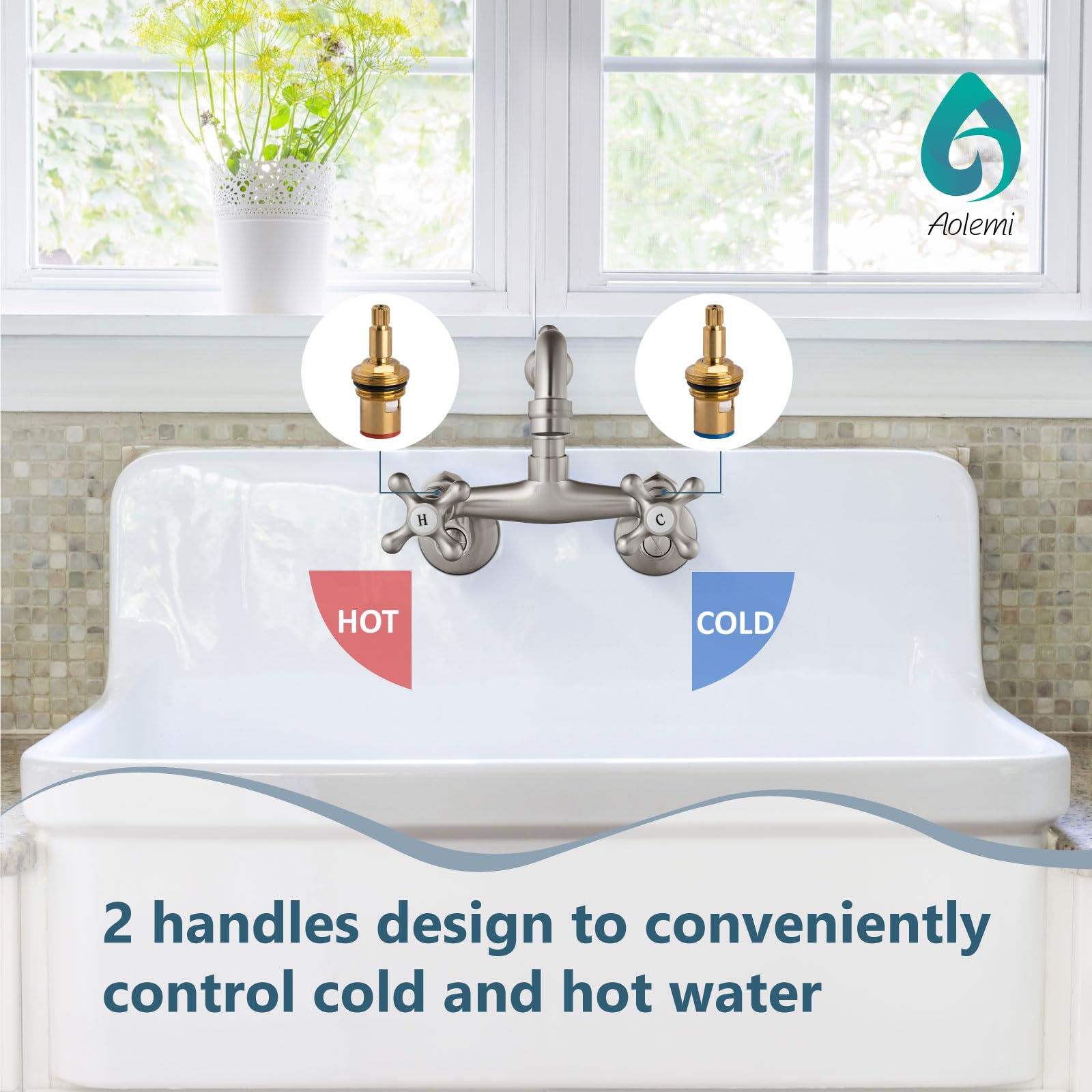 Aolemi Brushed Nickel Wall Mounted Kitchen Faucet with 2 Cross Handles & 6