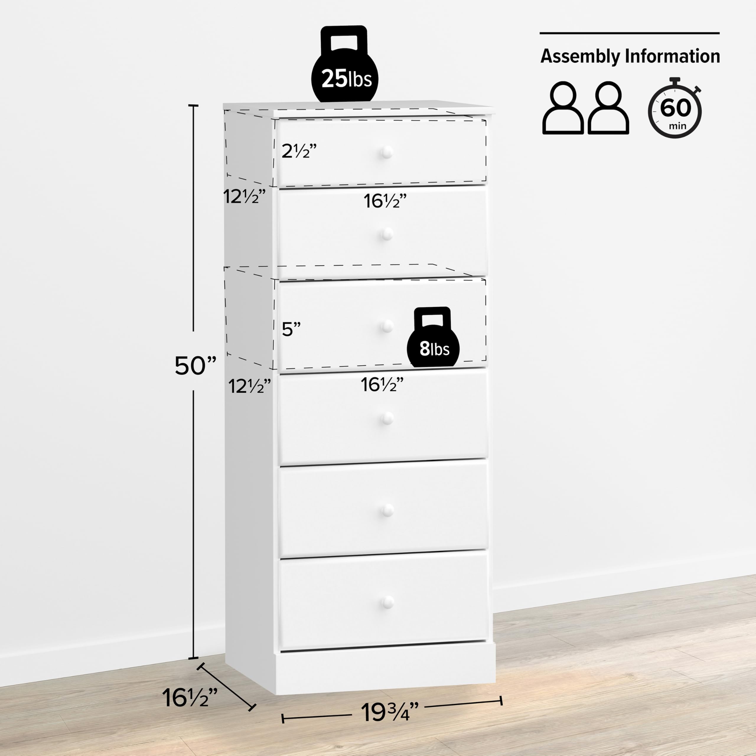 Prepac Astrid Tall White Dresser - 6-Drawer Chest for Bedroom, 16.5