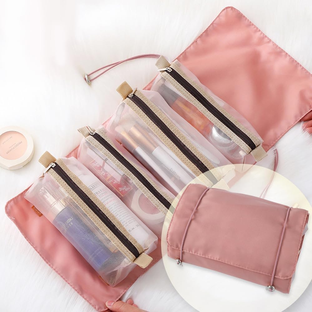 Waterproof Hanging Toiletry Bag for Women - 4-in-1 Travel Makeup Organizer with Cosmetic Pouch | Foldable Polyester Cosmetic Bag for Girls | Perfect for Vacation, Gym & Daily Use