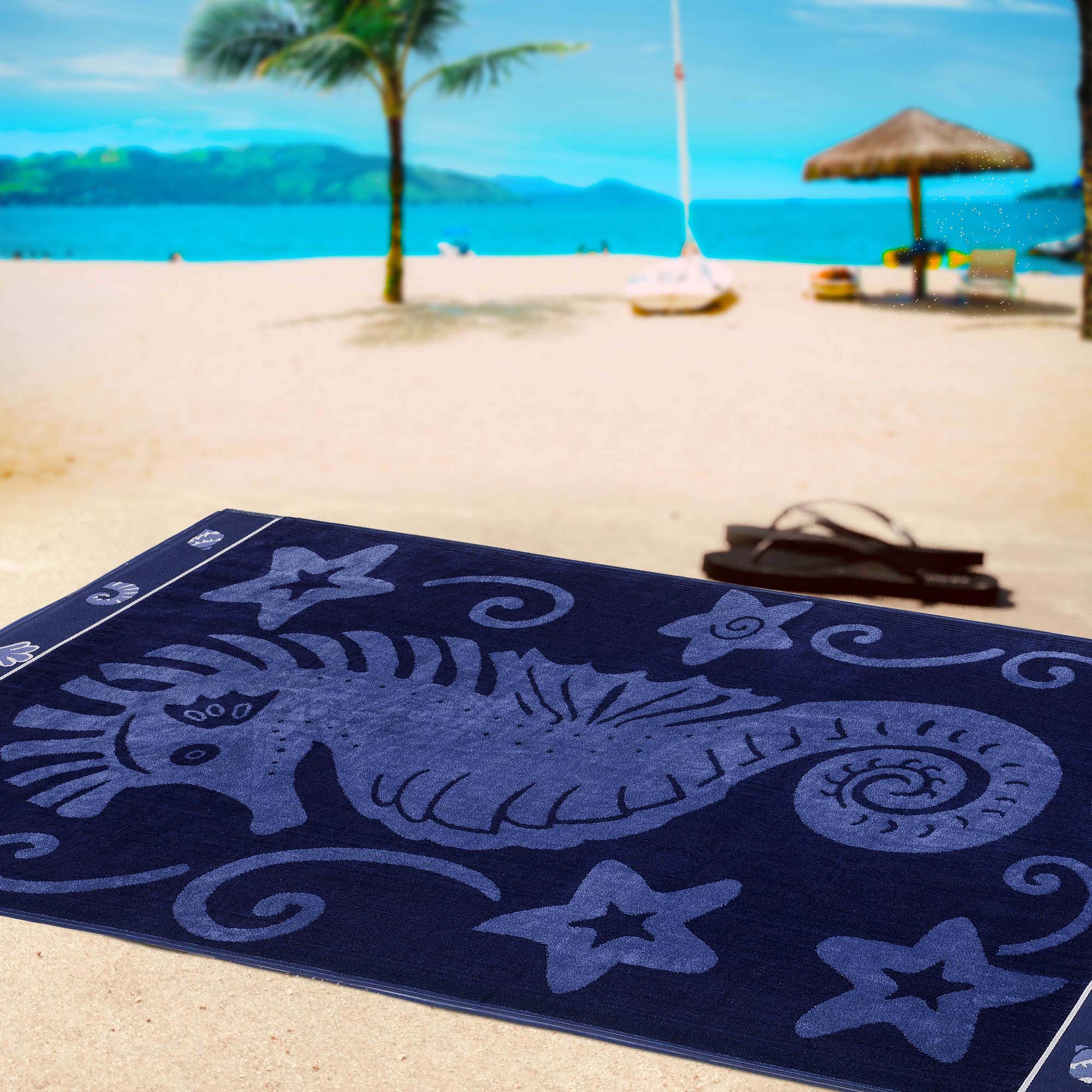 Premium Oversized Cotton Beach Towel Set - 2 Piece Ultra Soft & Absorbent Bath Towels for Pool, Beach, Yoga & Gym - Sea Horse Design