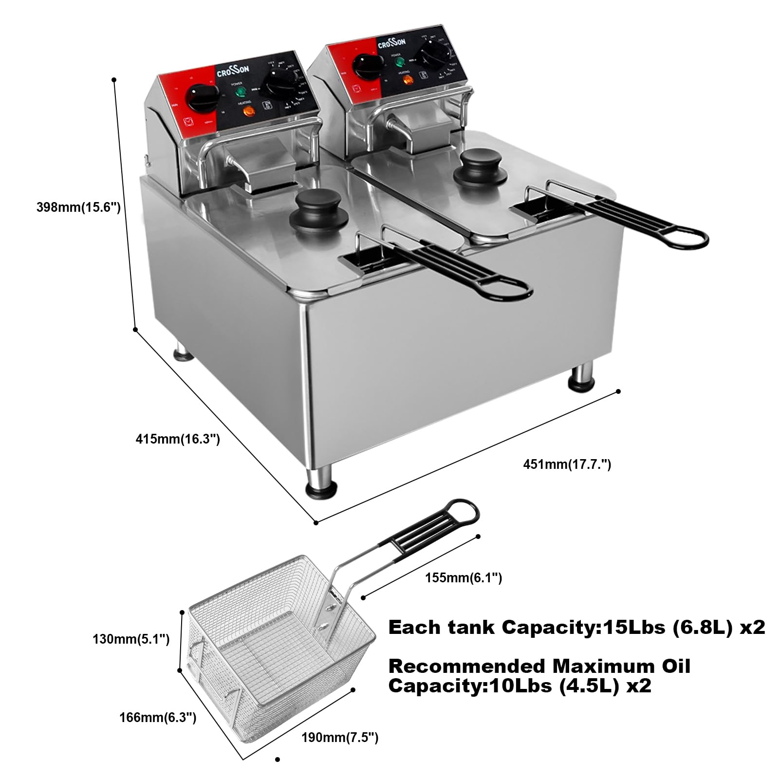 CROSSON 20Lbs Dual Tank Electric Deep Fryer with Rotary Fryer Head, 30-Minute Timer & Removable 304 Stainless Steel Oil Tank - Commercial & Home Use for Chicken, Fish, French Fries & Donuts