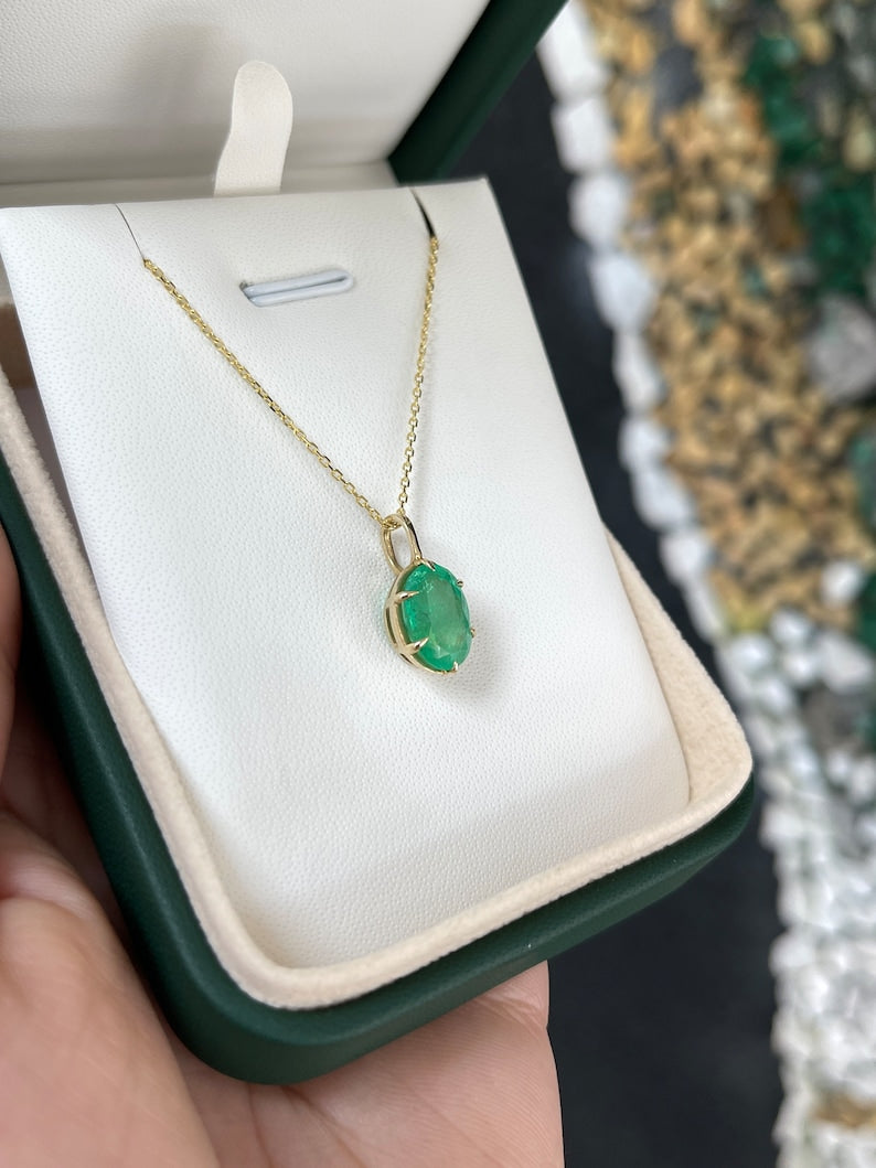 3.0 Carat Natural Green Emerald Solitaire Oval Pendant Necklace - 6 Prong Gold Setting for Women - Perfect for Weddings, Anniversaries & Special Occasions