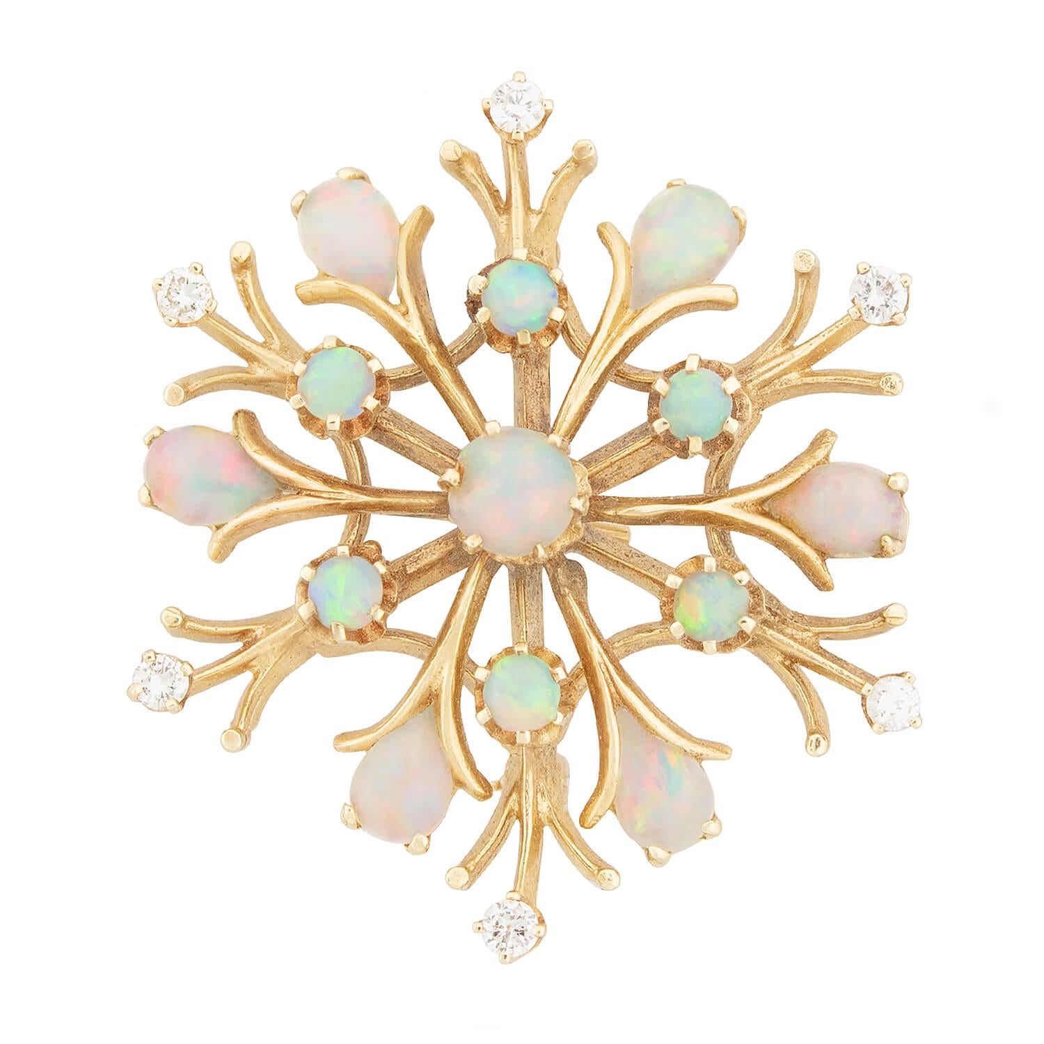 14K Gold Retro Opal and Diamond Snowflake Brooch Pin & Pendant - Vintage Jewelry Gift for Women, Perfect for Christmas, Weddings & Special Occasions