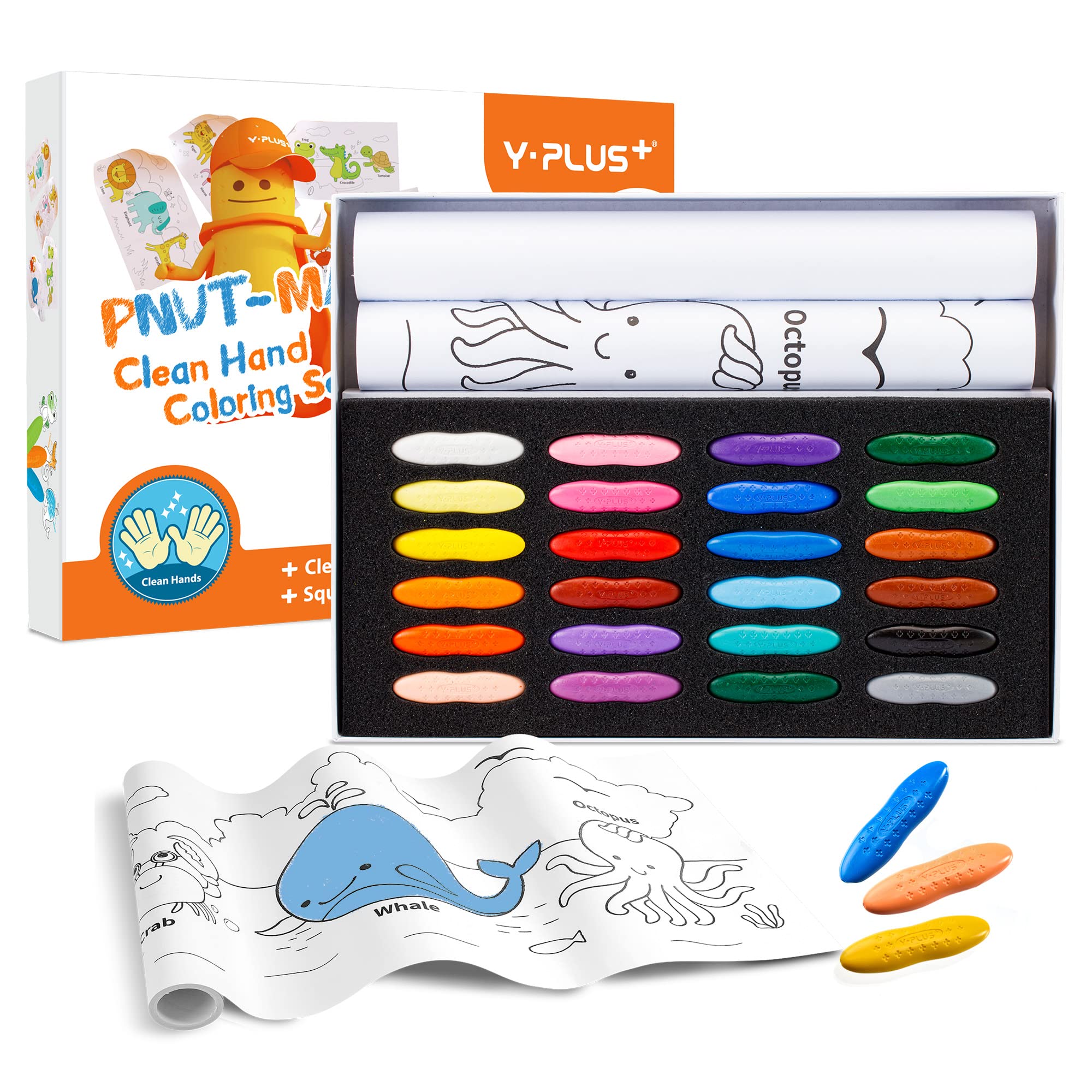 YPLUS Non-Toxic Peanut Crayons Set - 24 Vibrant Colors with Art Case & Wall Sticker Paper Rolls | Safe Toddler Coloring Supplies | Perfect for Kids Art Activities, Classroom Projects & Birthday Stocking Stuffers