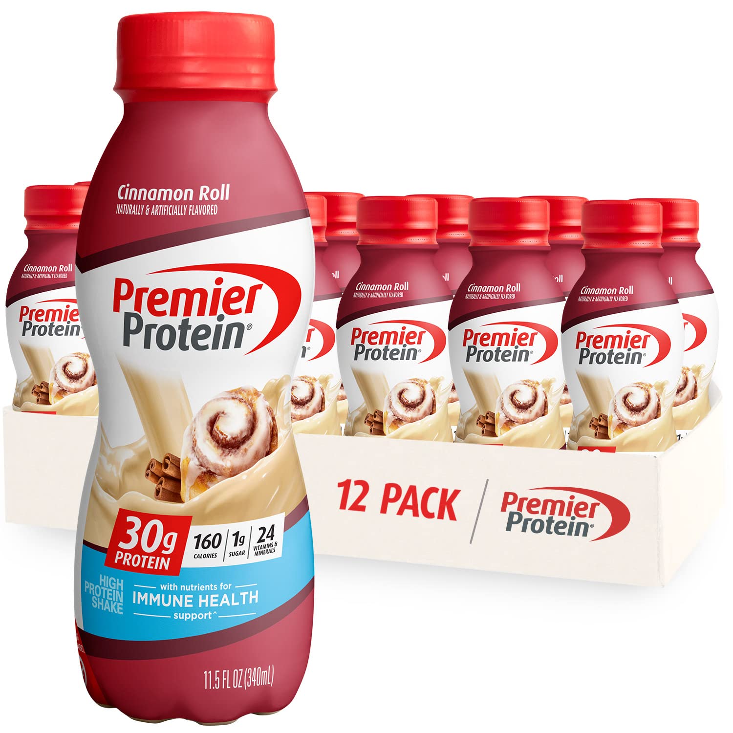 Premier Protein Shake - 30g High Protein, 24 Vitamins & Minerals, Cinnamon Roll & Strawberries Flavor, 11.5 oz (Pack of 24) - Ideal for Post-Workout Recovery, Meal Replacement & On-the-Go Nutrition