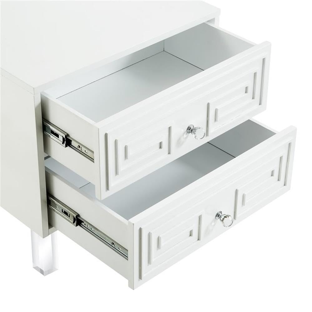 White Melanie 2-Drawer Nightstand with Clear Lucite Legs - Modern Bedside Table for Bedroom, Living Room & Guest Room