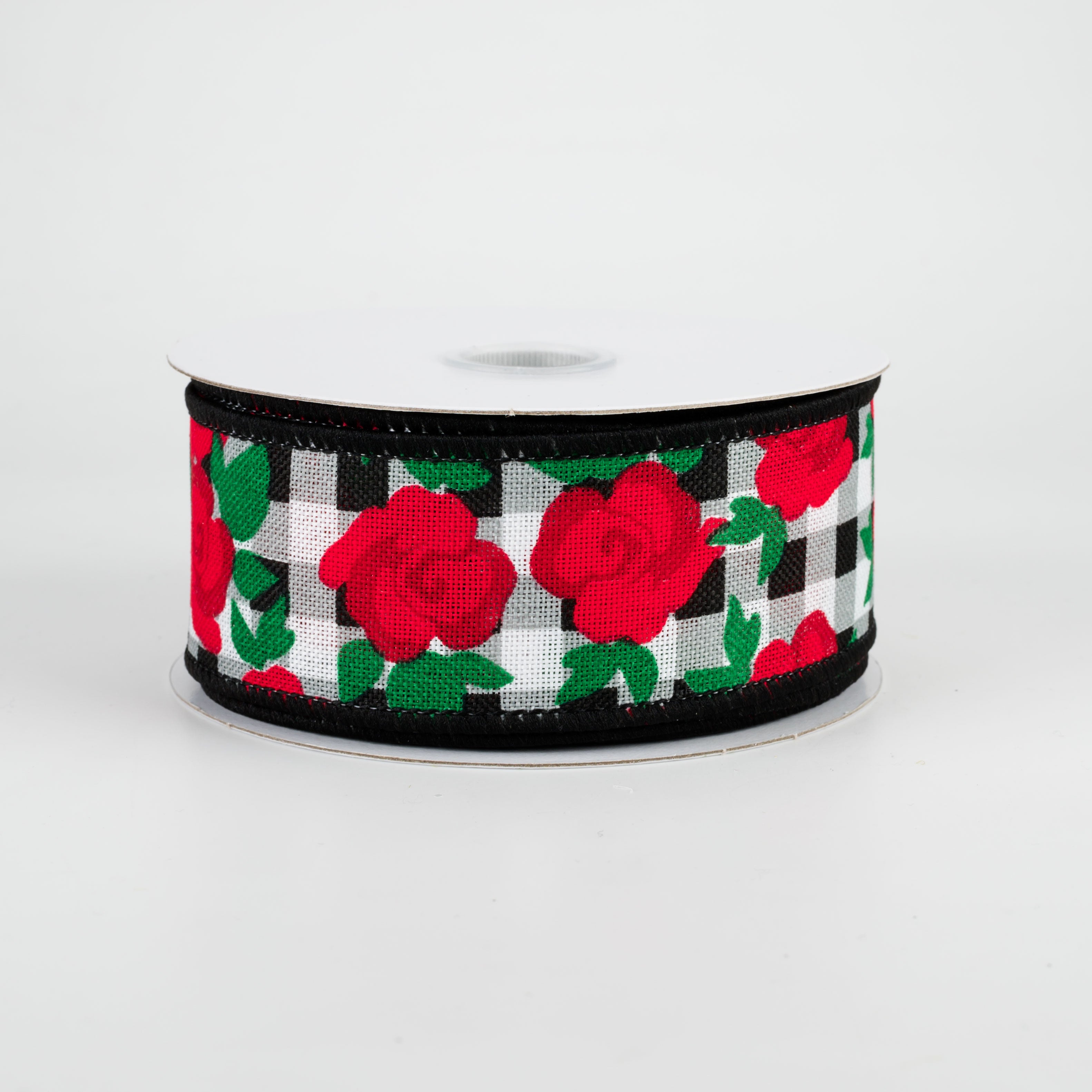 1.5 Inch Red Roses & Gingham Ribbon - 10 Yards Bulk Roll for DIY Crafts, Wedding Decorations, Gift Wrapping & Scrapbooking