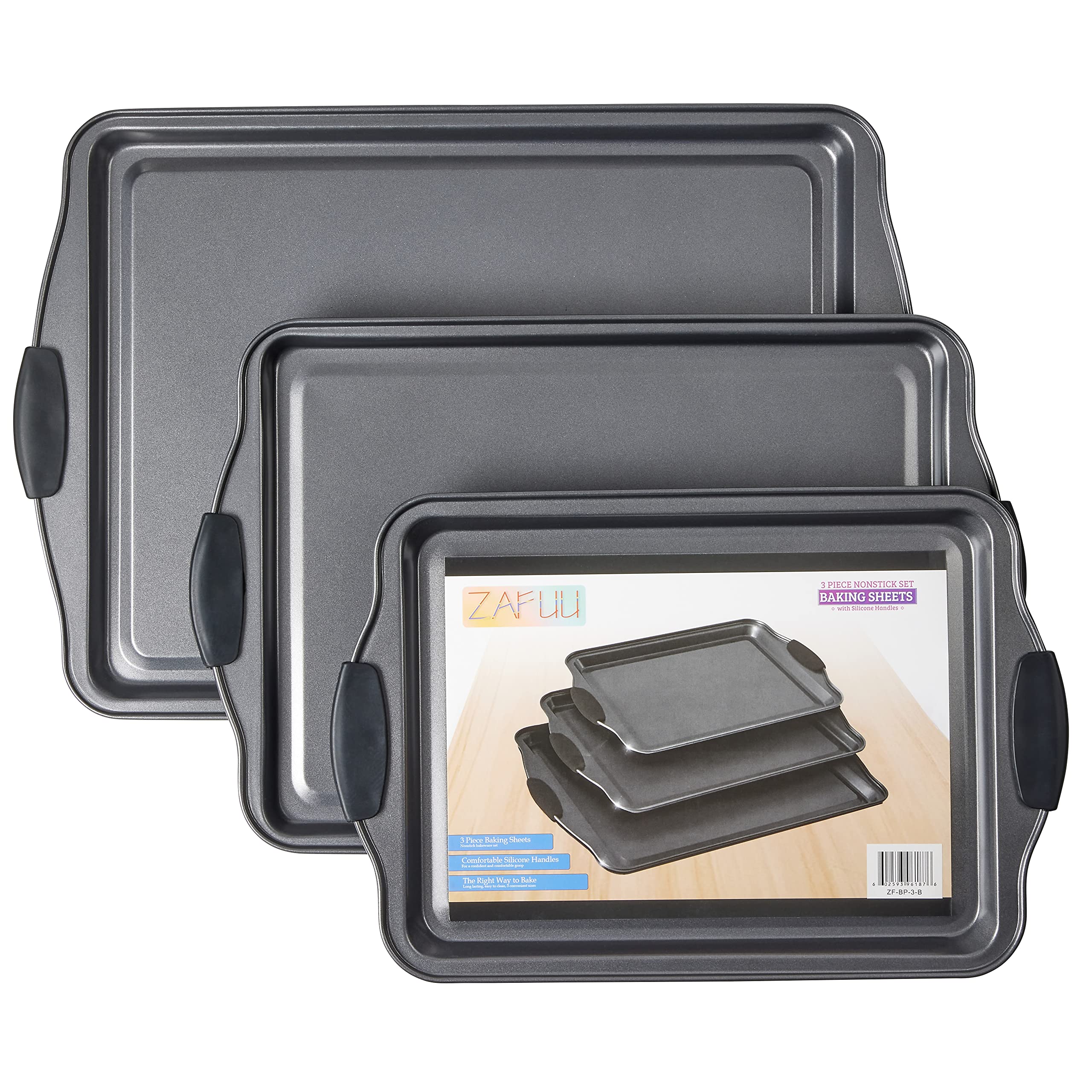 Non-Stick Baking Sheet Set of 3 - Heavy Duty Aluminum Cookie Baking Pans with Black Silicone Handles (Small, Medium, Large) - Perfect for Cookies, Pastries, Roasting Veggies & Meal Prep